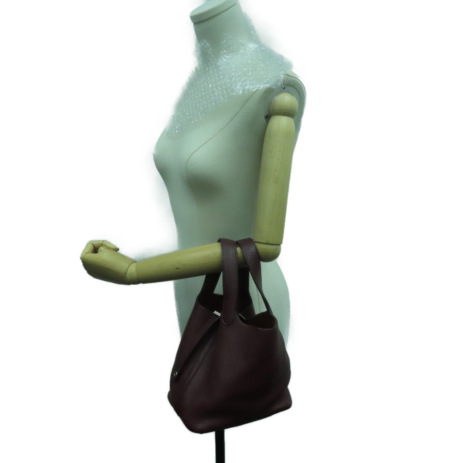 HERMES Clemence Leather Picotin PM Silver Button Handle Bag Rouge H Brown