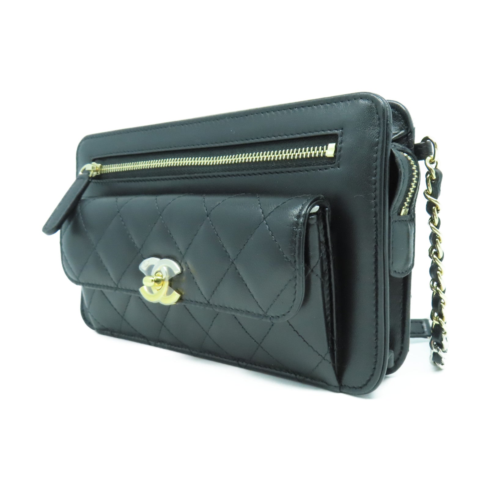 CHANEL 菱格羊皮皮革Waist Bag金扣/銀扣腰包黑色