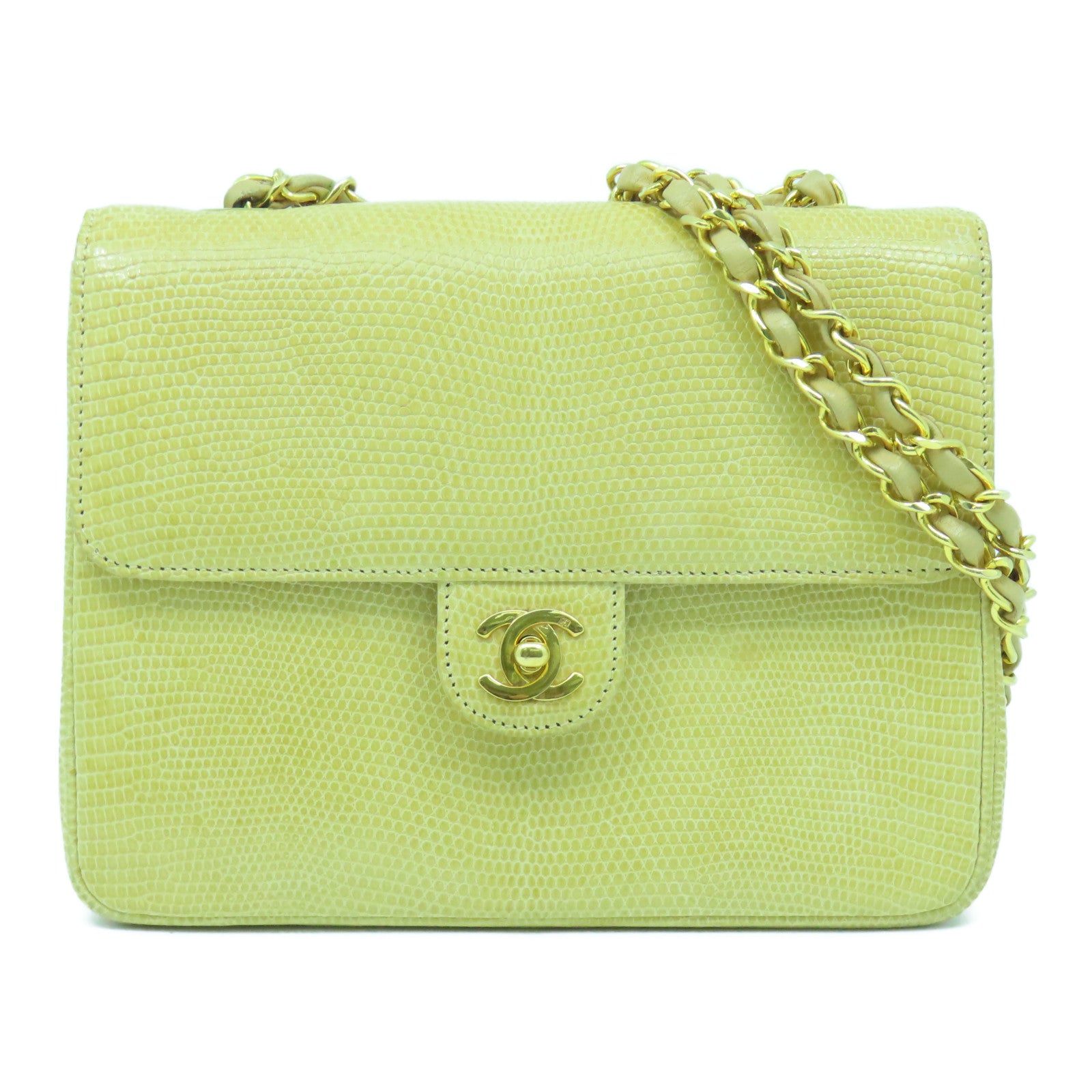 CHANEL 蜥蝪皮革Vintage Chain Shoulder Bag金扣肩背袋黃色