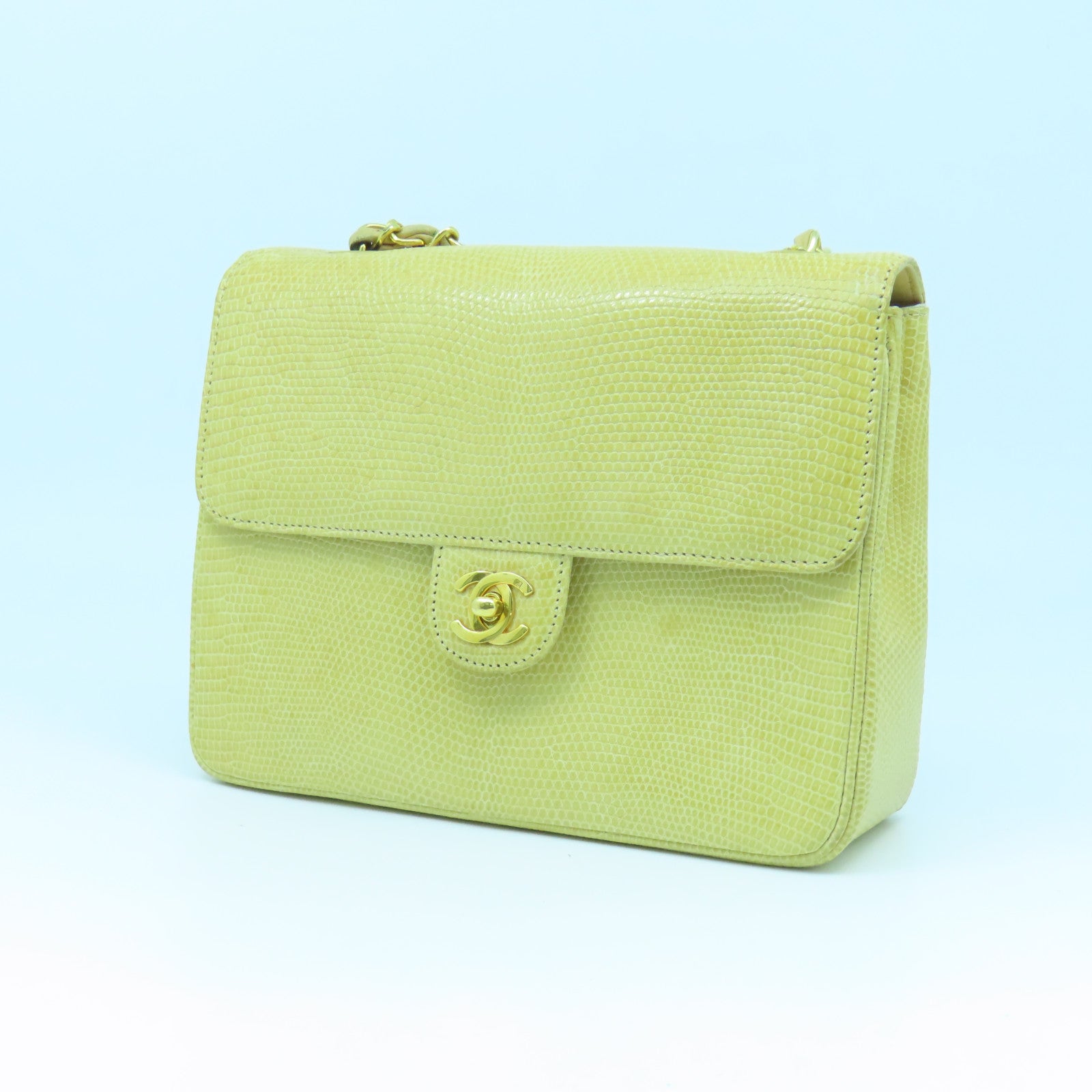 CHANEL 蜥蝪皮革Vintage Chain Shoulder Bag金扣肩背袋黃色
