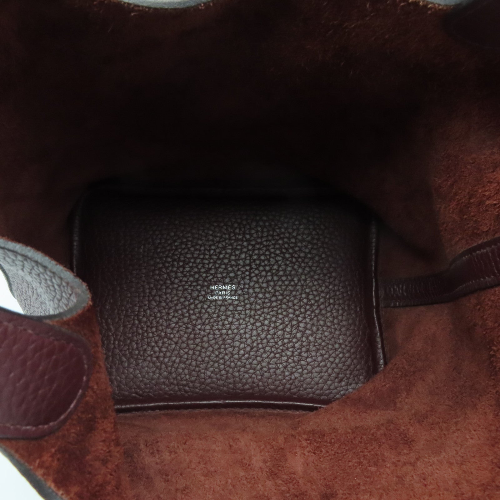 HERMES Clemence Leather Picotin PM Silver Button Handle Bag Rouge H Brown