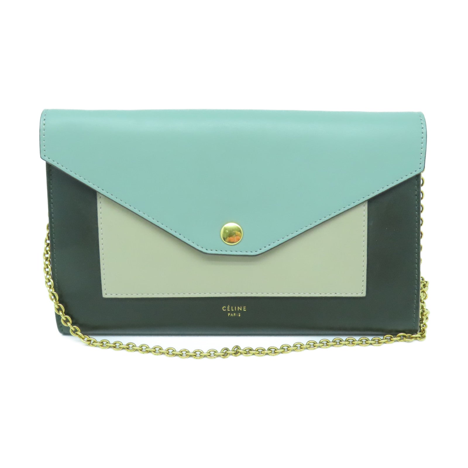 CELINE 牛皮皮革Chain Shoulder Bag金扣链带肩背袋绿色/黑色/米色