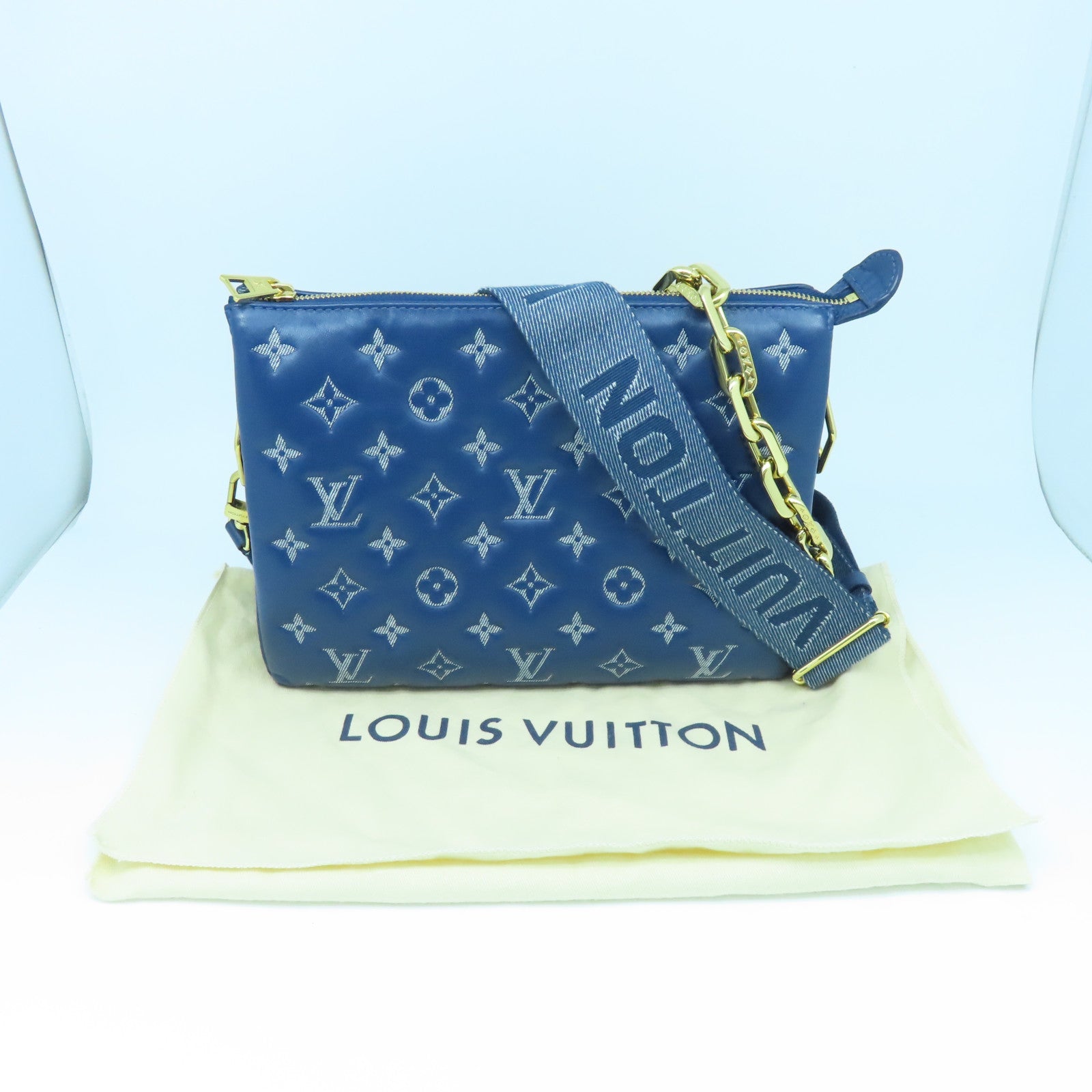 LOUIS VUITTON Monogram Denim Coussin PM gold buckle shoulder shoulder bag blue