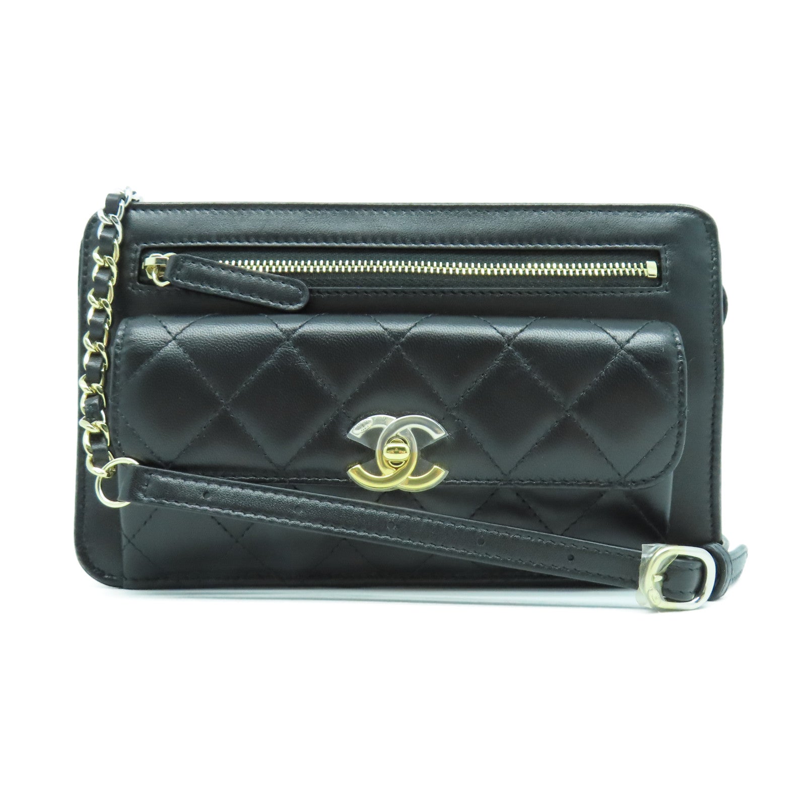CHANEL 菱格羊皮皮革Waist Bag金扣/銀扣腰包黑色