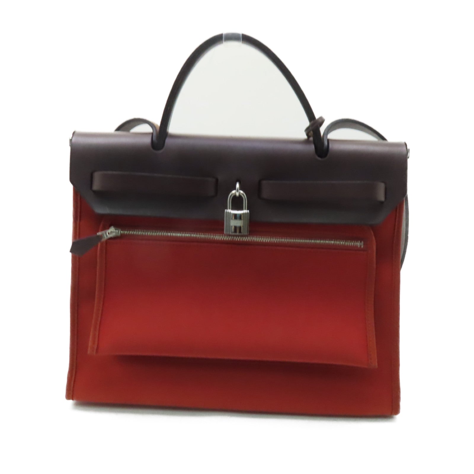 HERMES 帆布Herbag PM銀扣手挽肩背兩用袋紅色