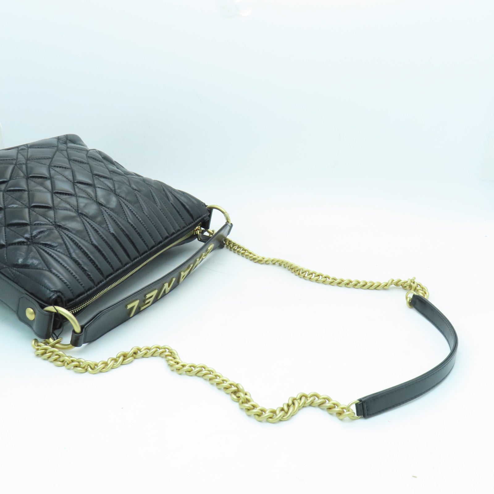 CHANEL cowhide leather Hobo Bag gold buckle handle shoulder bag black