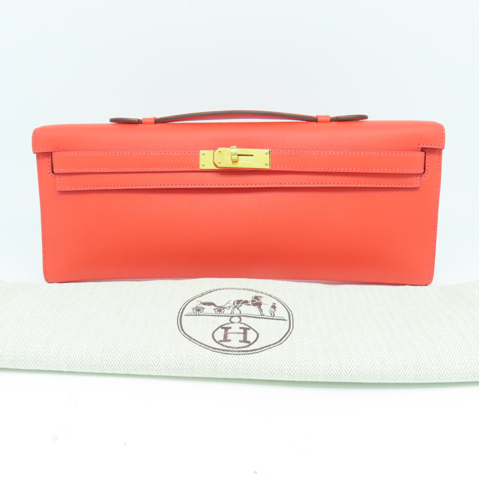 HERMES Epsom皮革Kelly Cut金扣手拿包蜜桃紅色