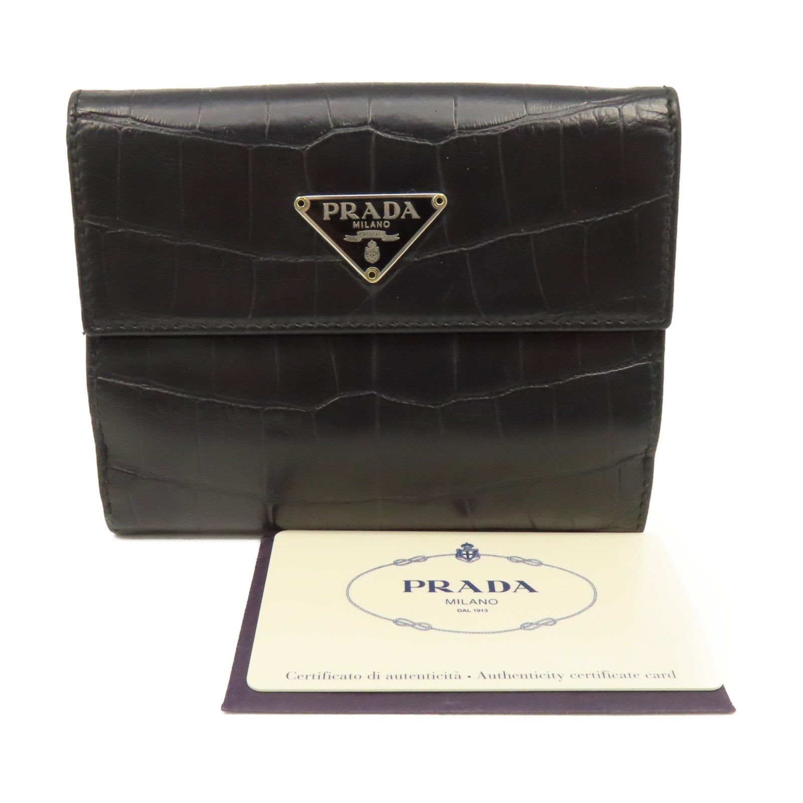 PRADA 牛皮皮革Short Wallet銀扣短錢包黑色