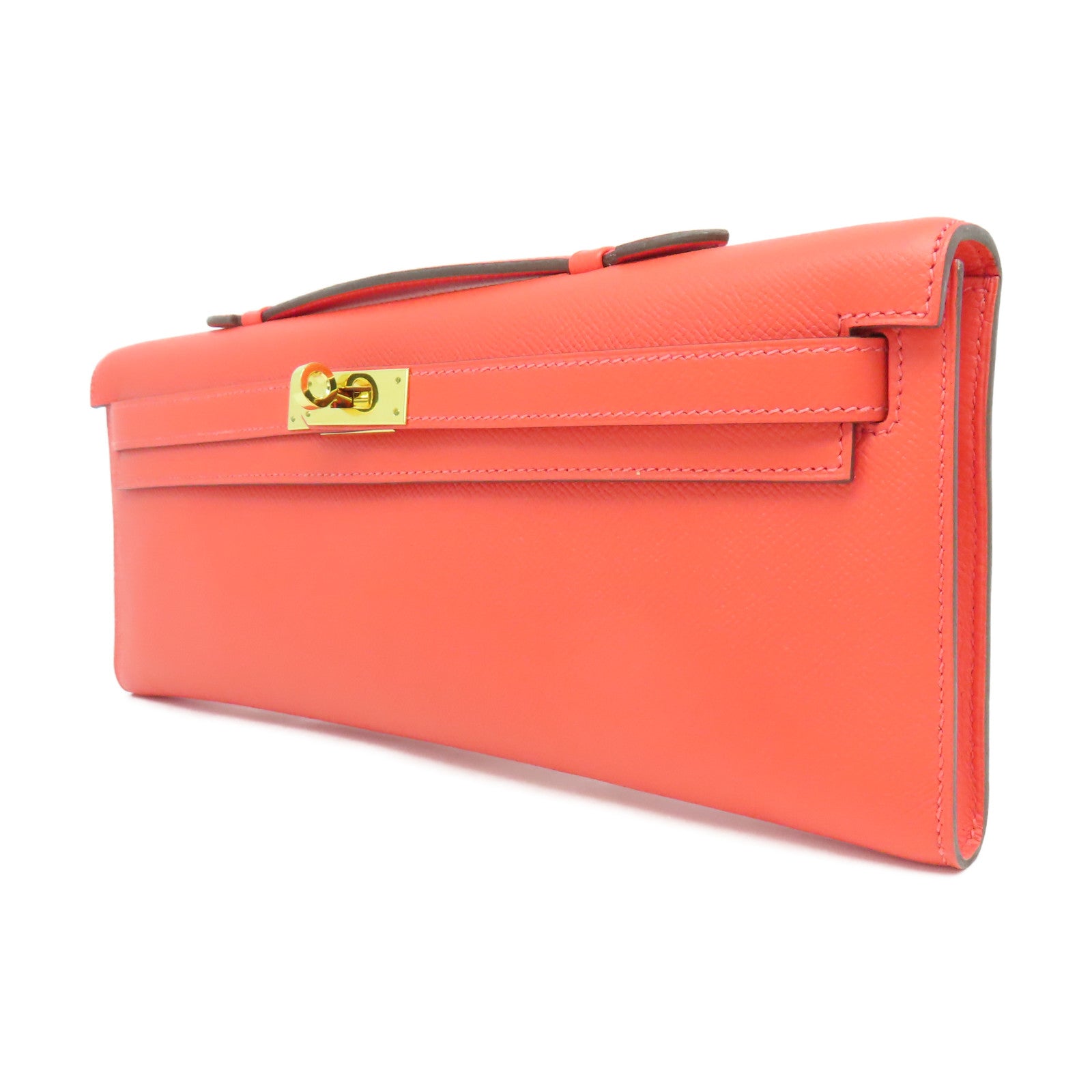 HERMES Epsom皮革Kelly Cut金扣手拿包蜜桃紅色