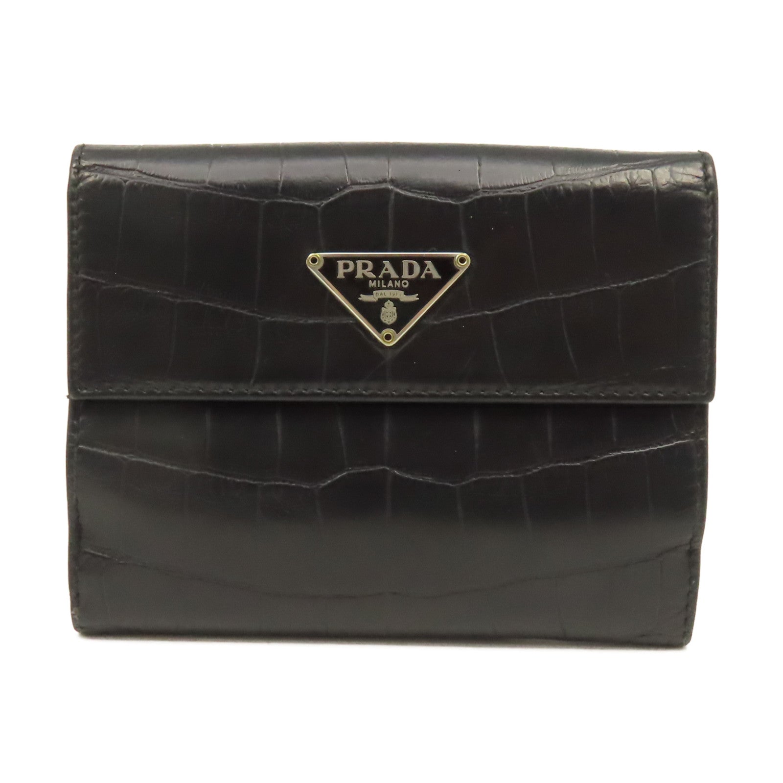 PRADA 牛皮皮革Short Wallet銀扣短錢包黑色