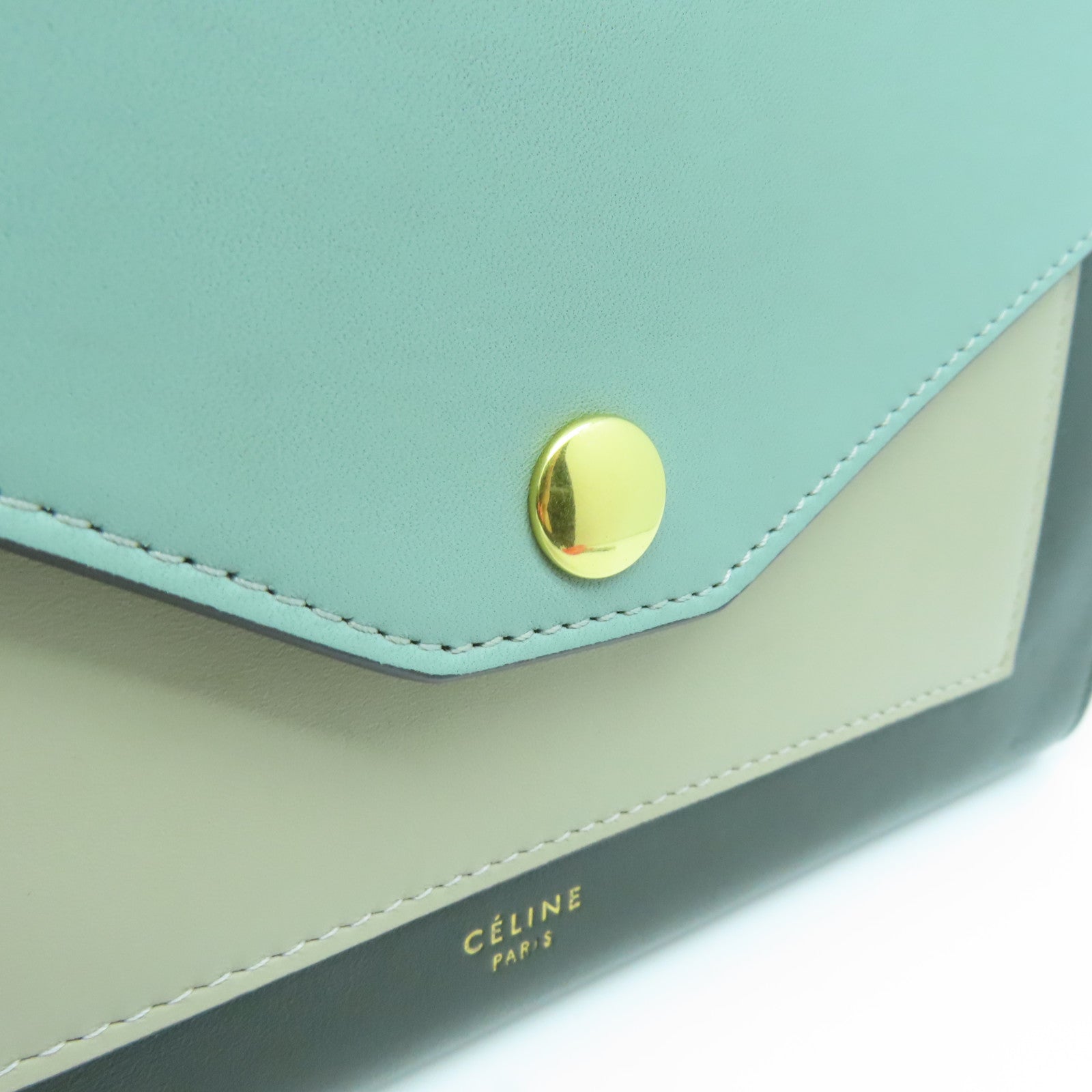 CELINE 牛皮皮革Chain Shoulder Bag金扣链带肩背袋绿色/黑色/米色