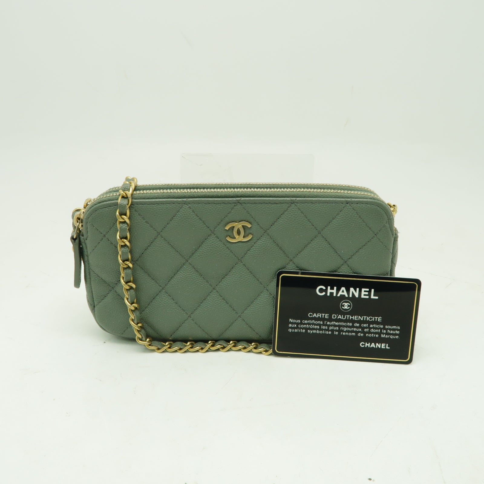CHANEL 菱格Caviar皮革Chain Shoulder Bag金扣鏈帶肩背袋綠色