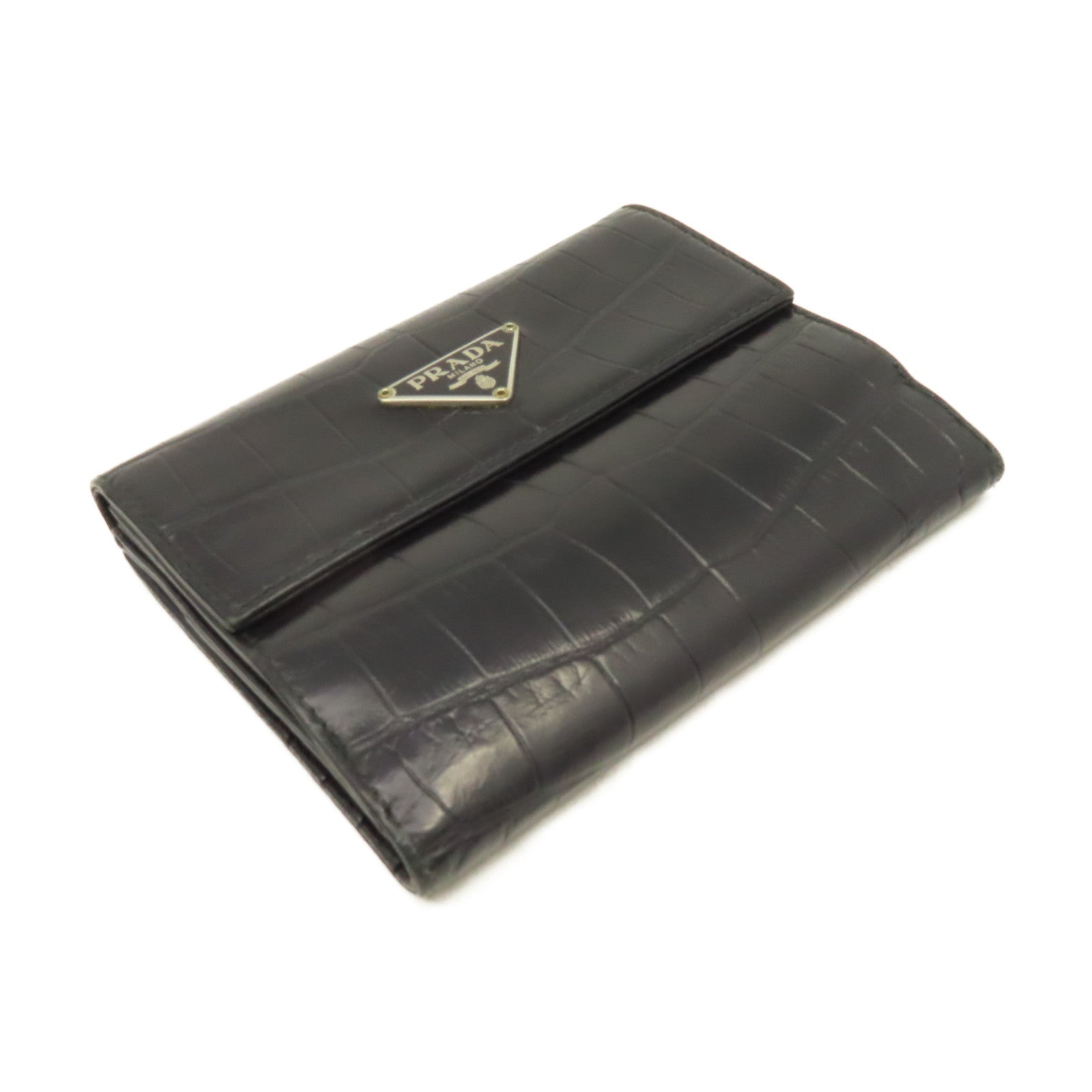 PRADA 牛皮皮革Short Wallet銀扣短錢包黑色