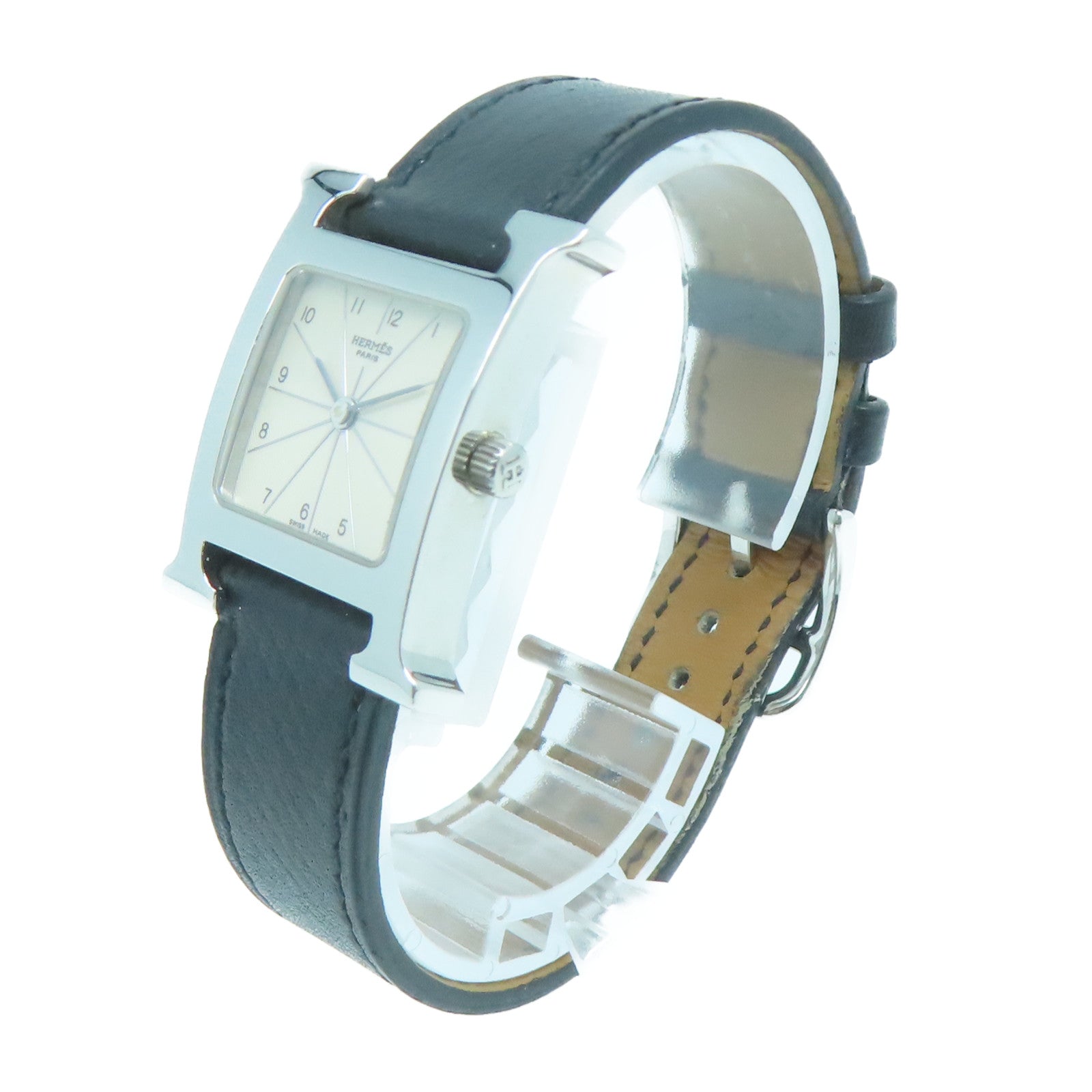 HERMES 皮革/不鏽鋼H watch手錶石英機芯米色/黑色
