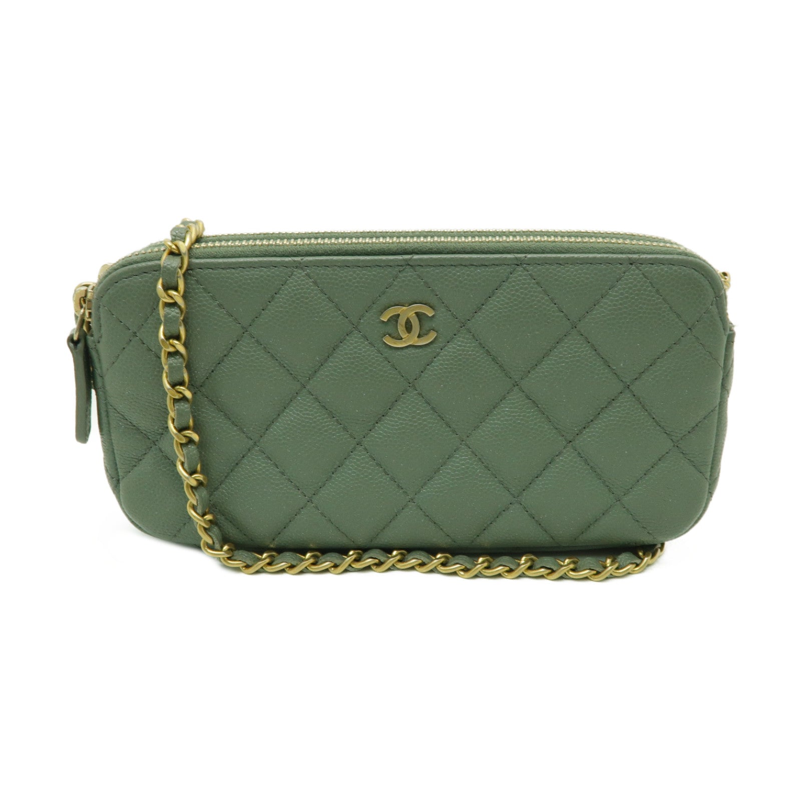 CHANEL 菱格Caviar皮革Chain Shoulder Bag金扣鏈帶肩背袋綠色