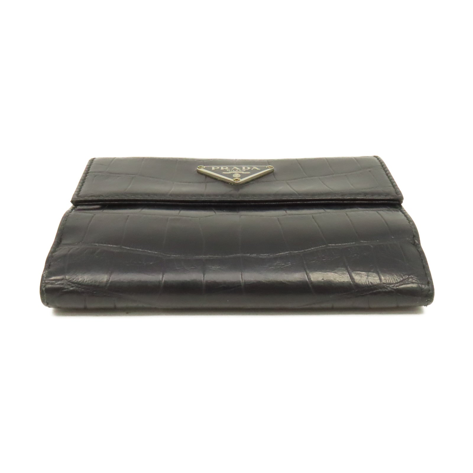 PRADA 牛皮皮革Short Wallet銀扣短錢包黑色