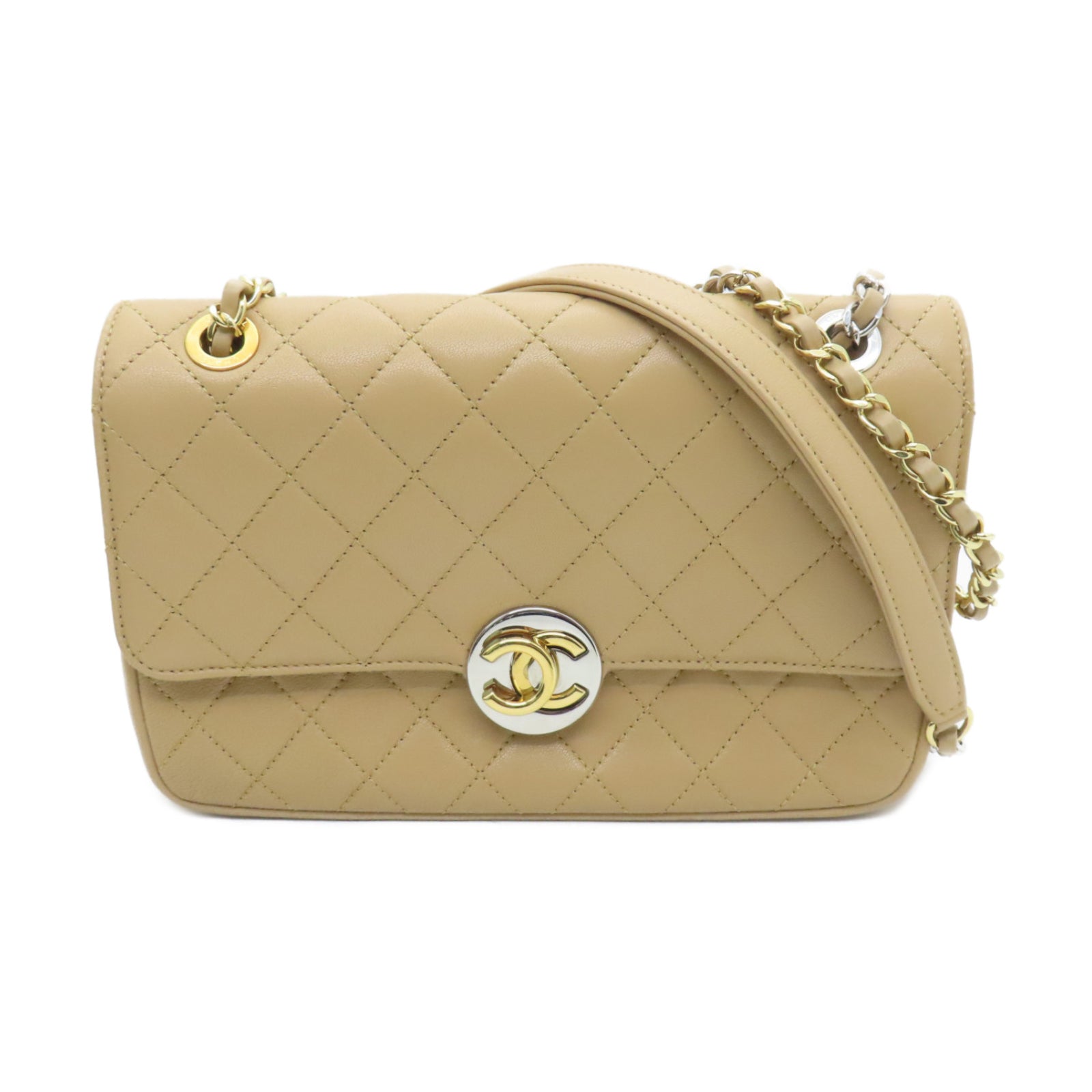 CHANEL Rhombus Leather Chain Shoulder Bag Chain Shoulder Bag Beige