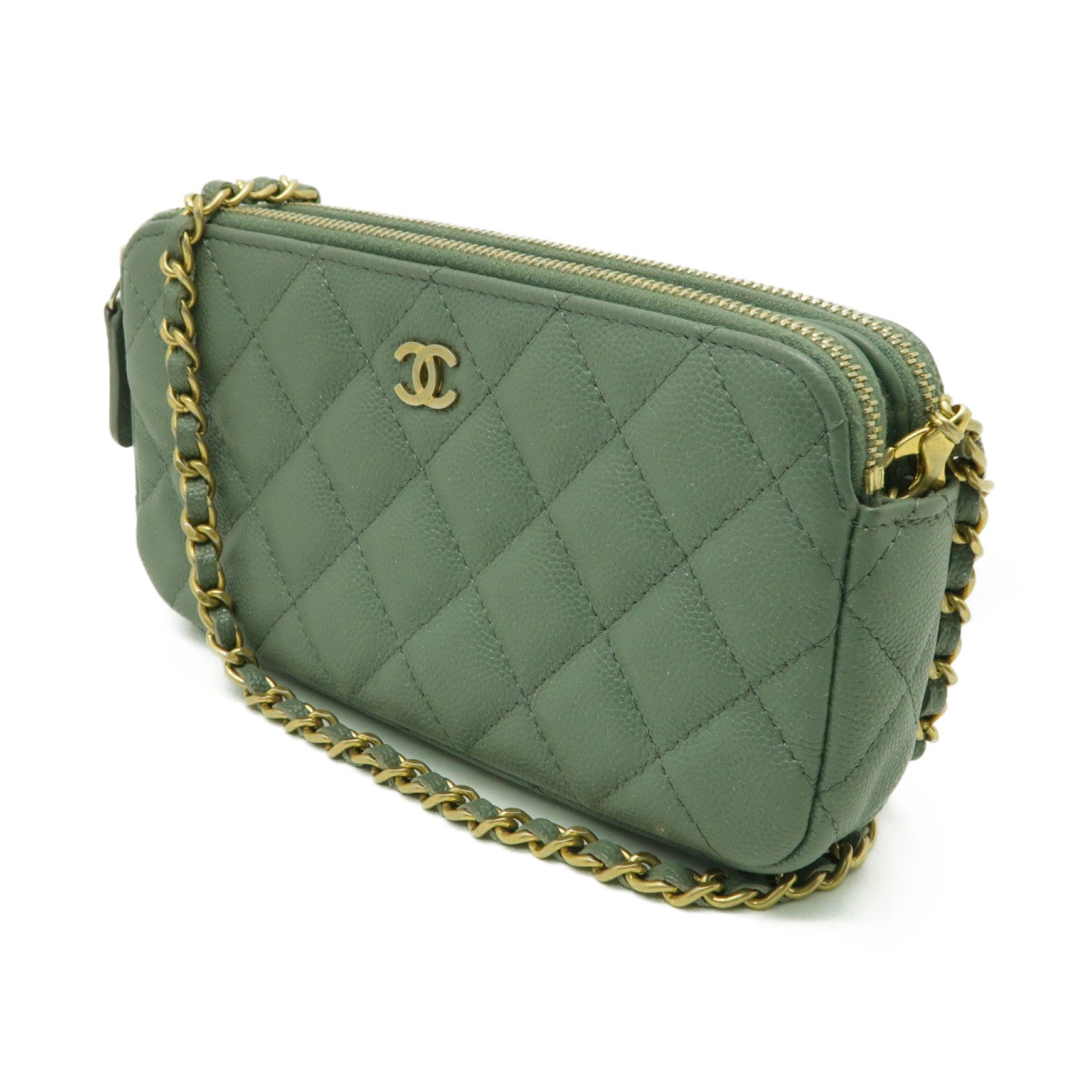 CHANEL 菱格Caviar皮革Chain Shoulder Bag金扣鏈帶肩背袋綠色
