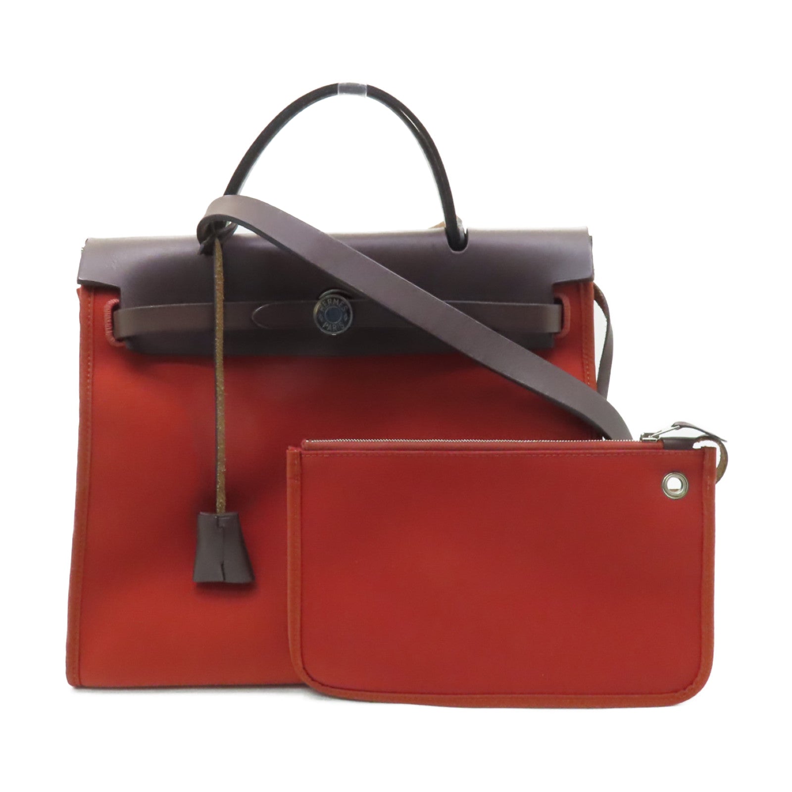 HERMES 帆布Herbag PM銀扣手挽肩背兩用袋紅色