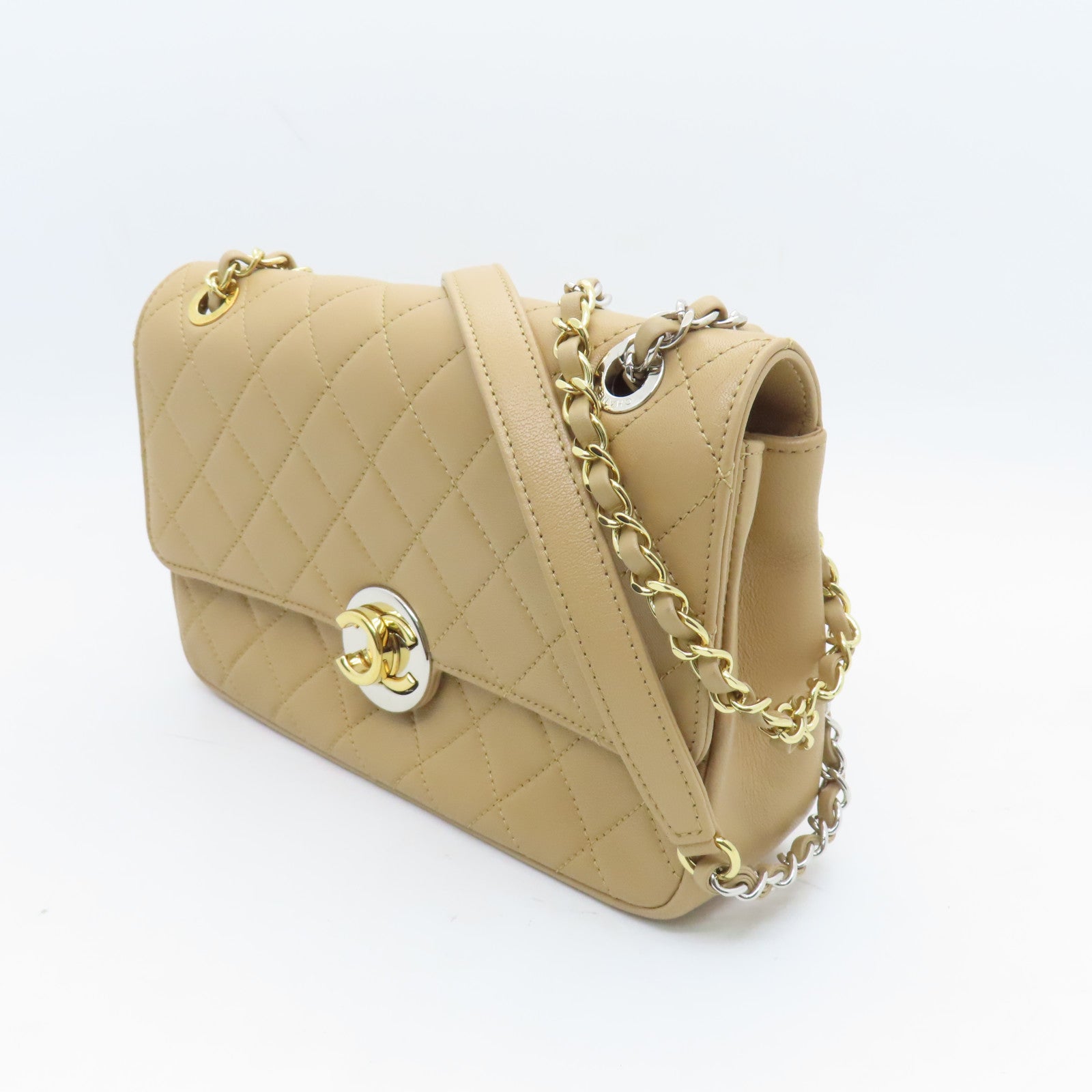 CHANEL Rhombus Leather Chain Shoulder Bag Chain Shoulder Bag Beige