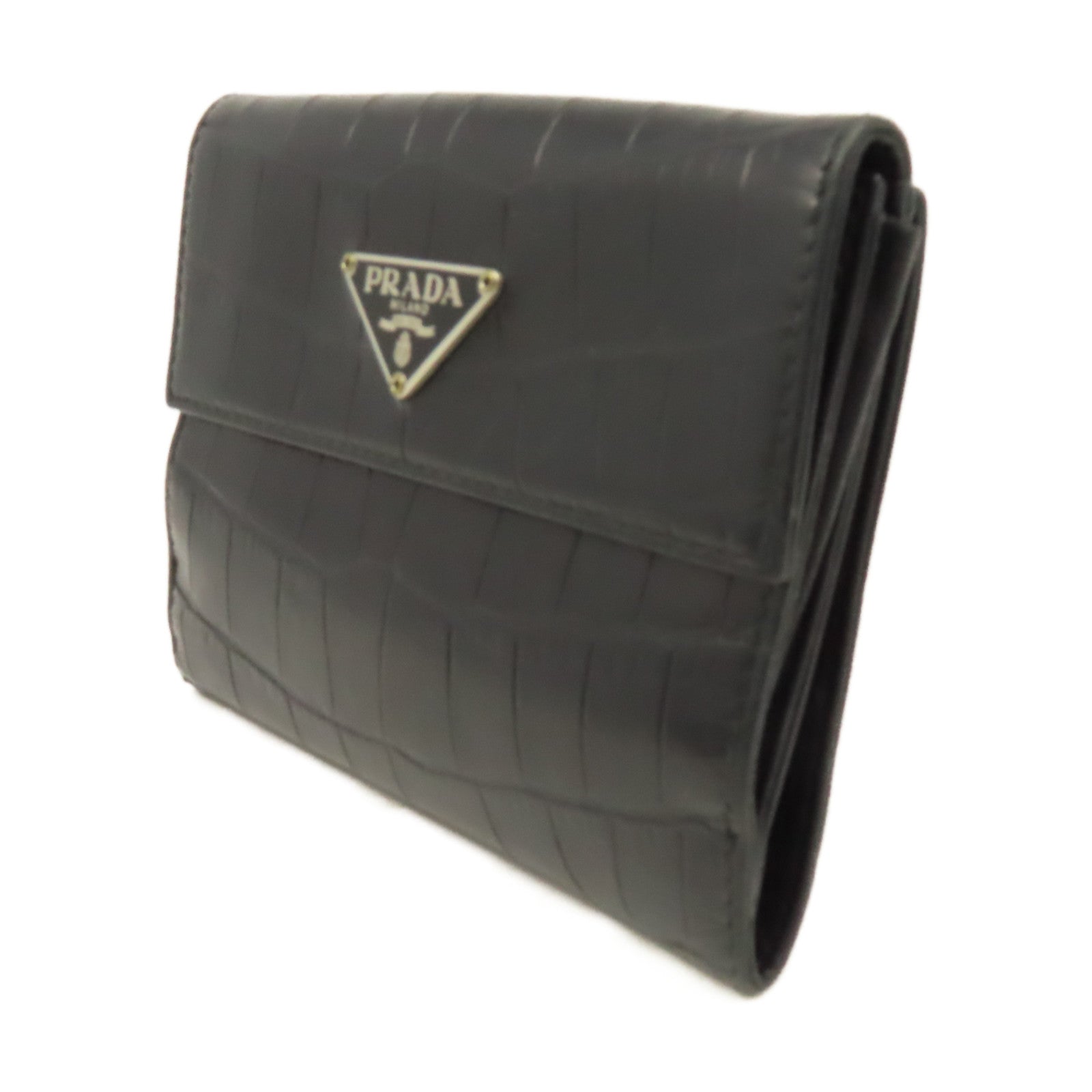PRADA 牛皮皮革Short Wallet銀扣短錢包黑色