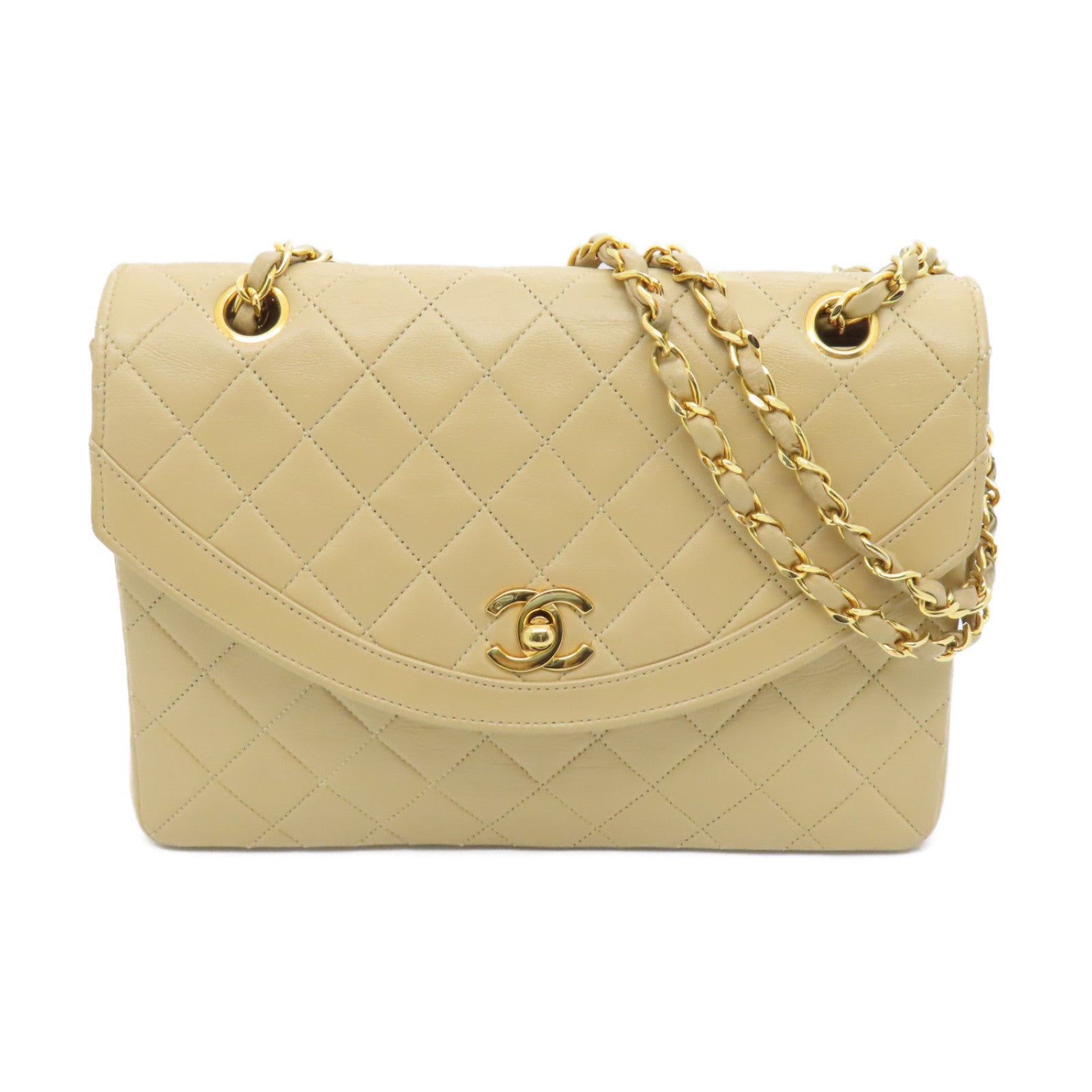 CHANEL Diamond Sheepskin Leather Chain Shoulder Bag Gold Buckle Chain Belt Shoulder Bag Beige