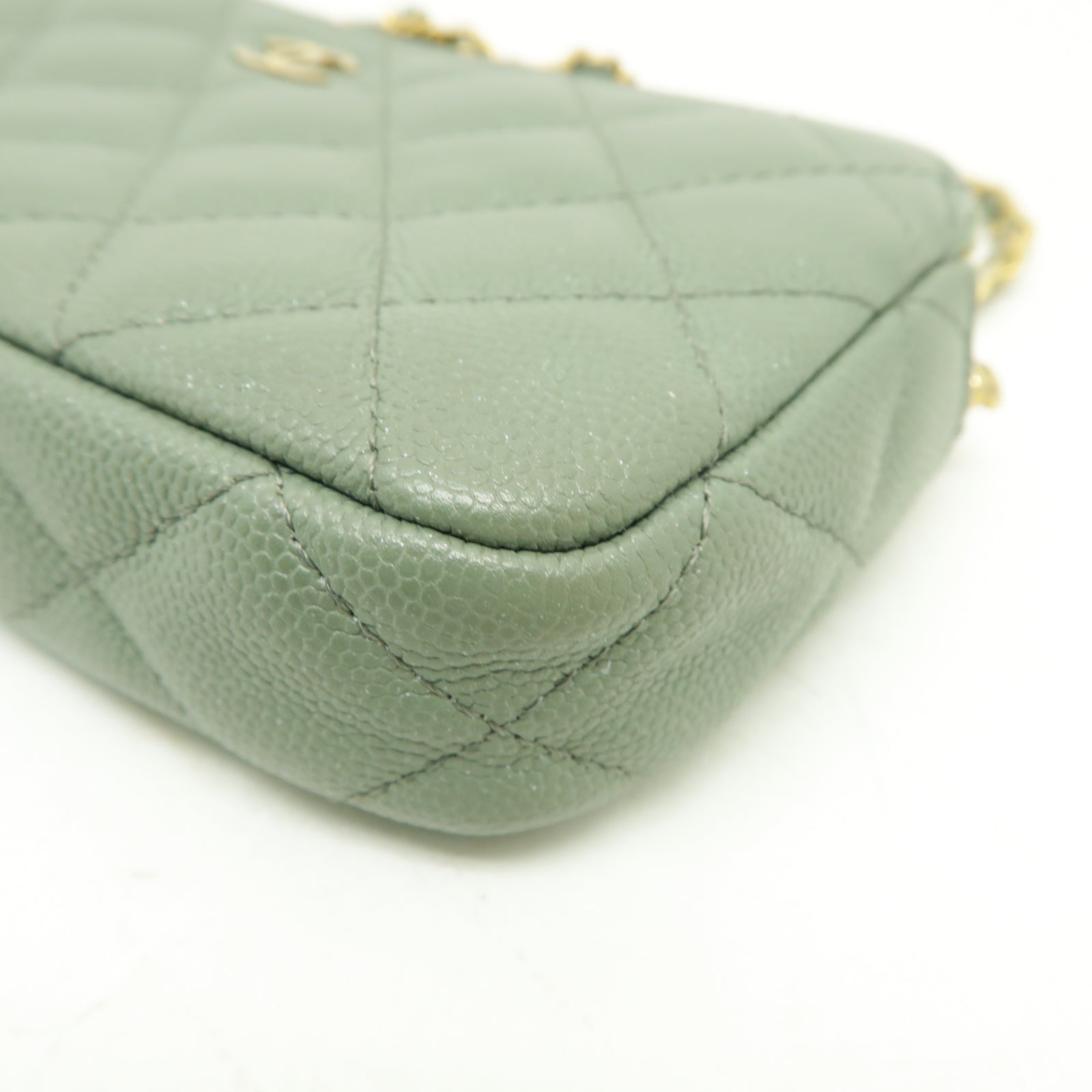 CHANEL 菱格Caviar皮革Chain Shoulder Bag金扣鏈帶肩背袋綠色