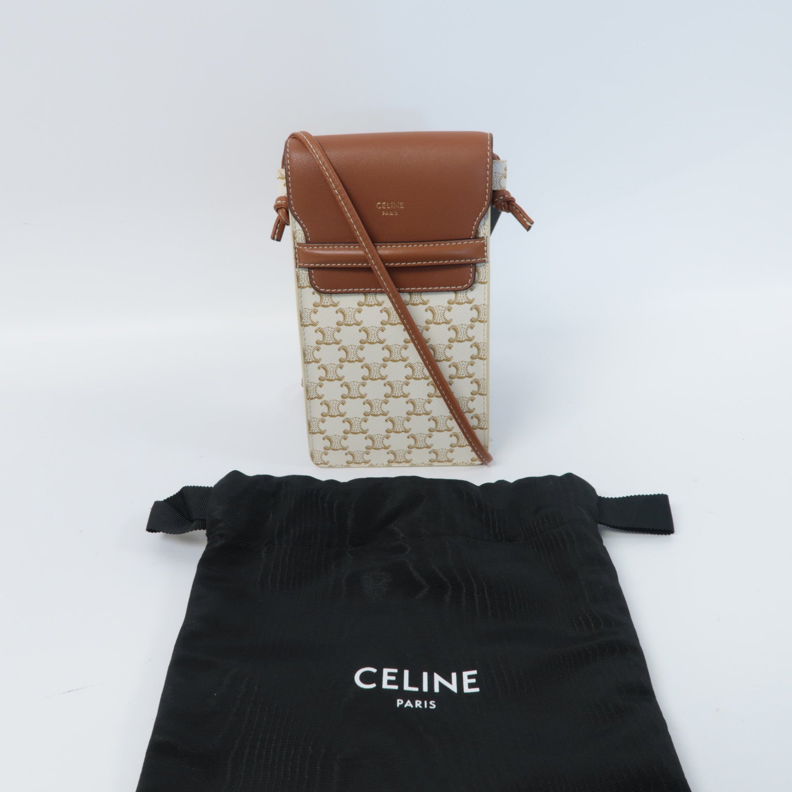 CELINE 塗層帆布/牛皮皮革Crossbody Bag肩背袋白色/啡色