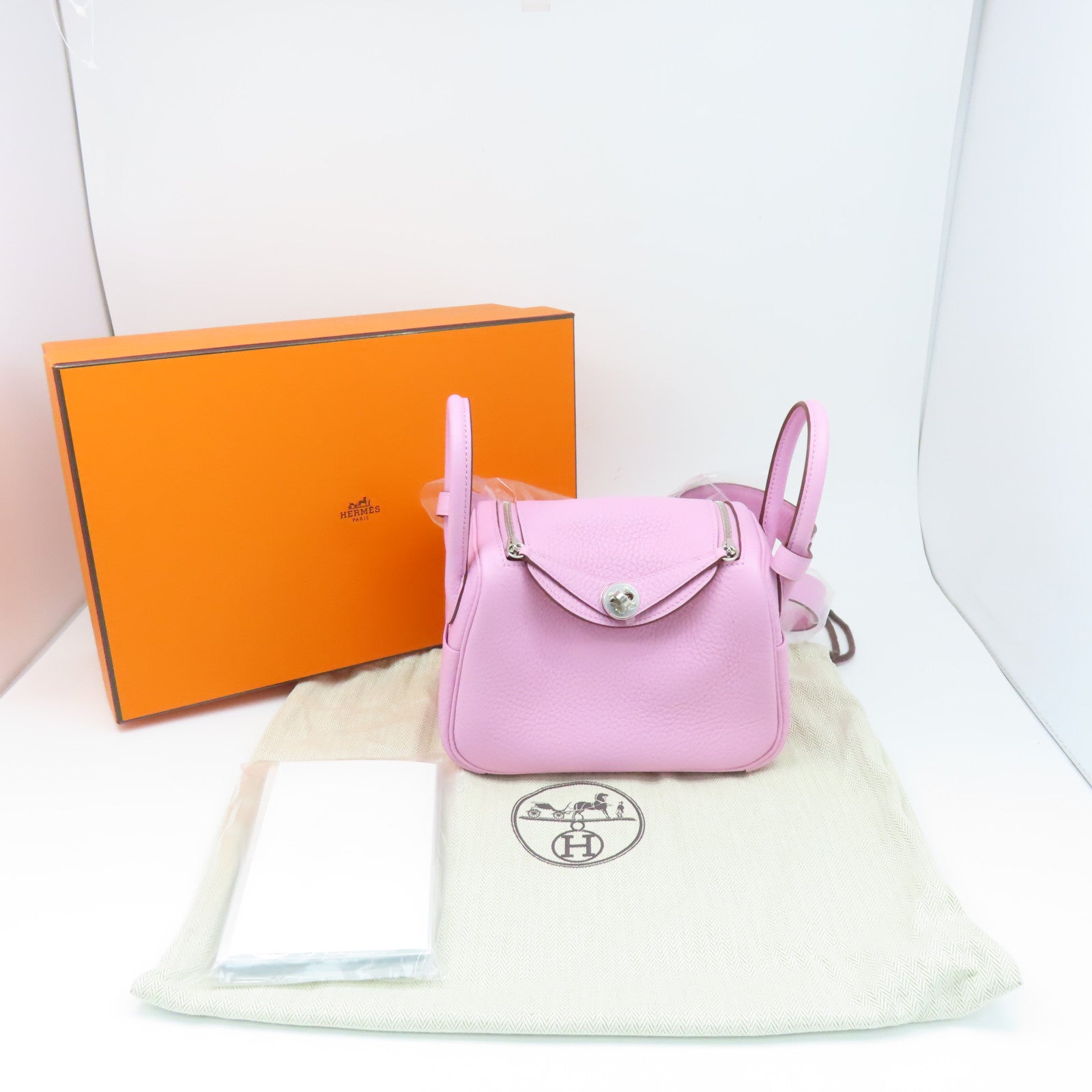 HERMES Clemence Leather Mini Lindy Silver Buckle Handle Shoulder Bag Purple