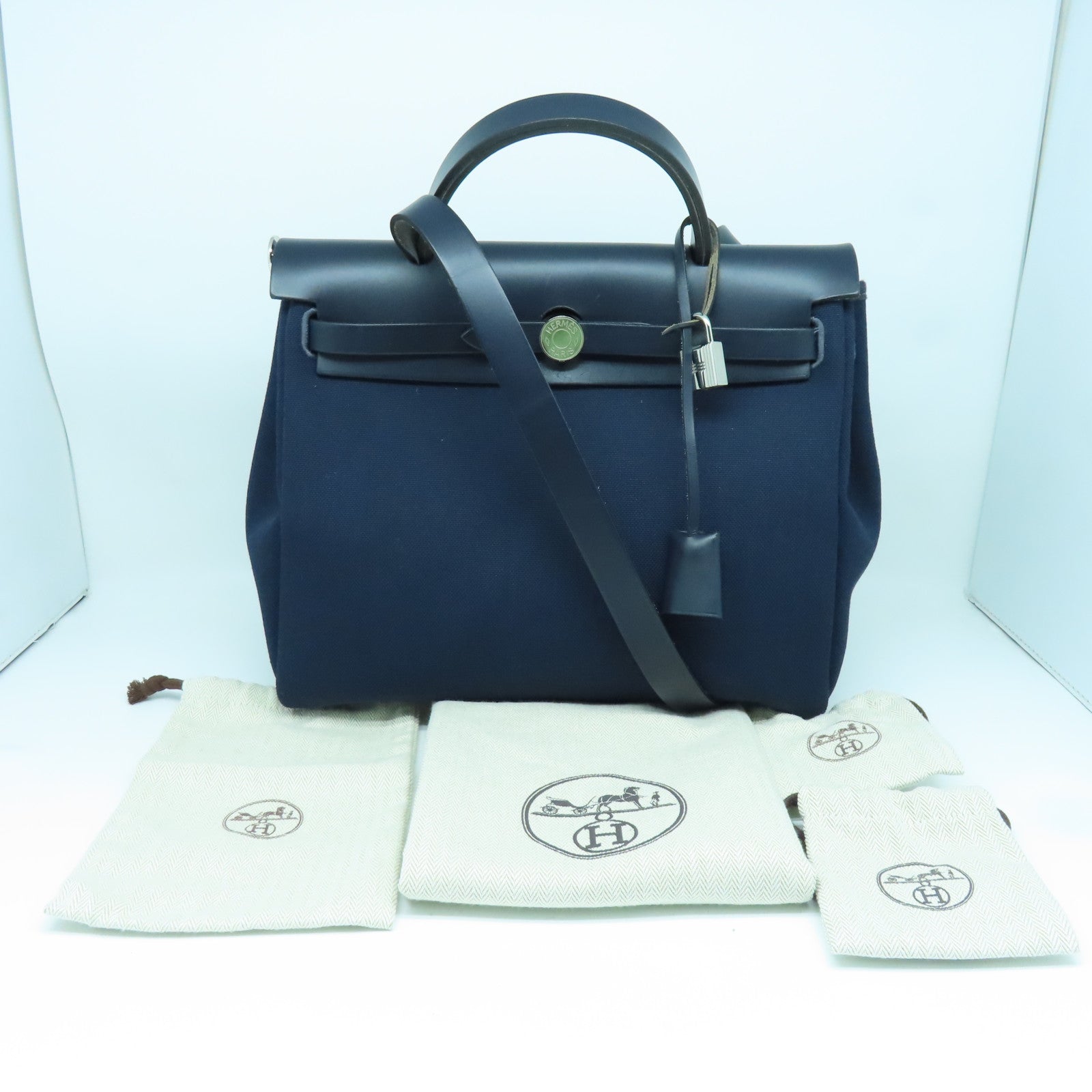 HERMES 帆布Herbag PM银扣手挽肩背两用袋深蓝色