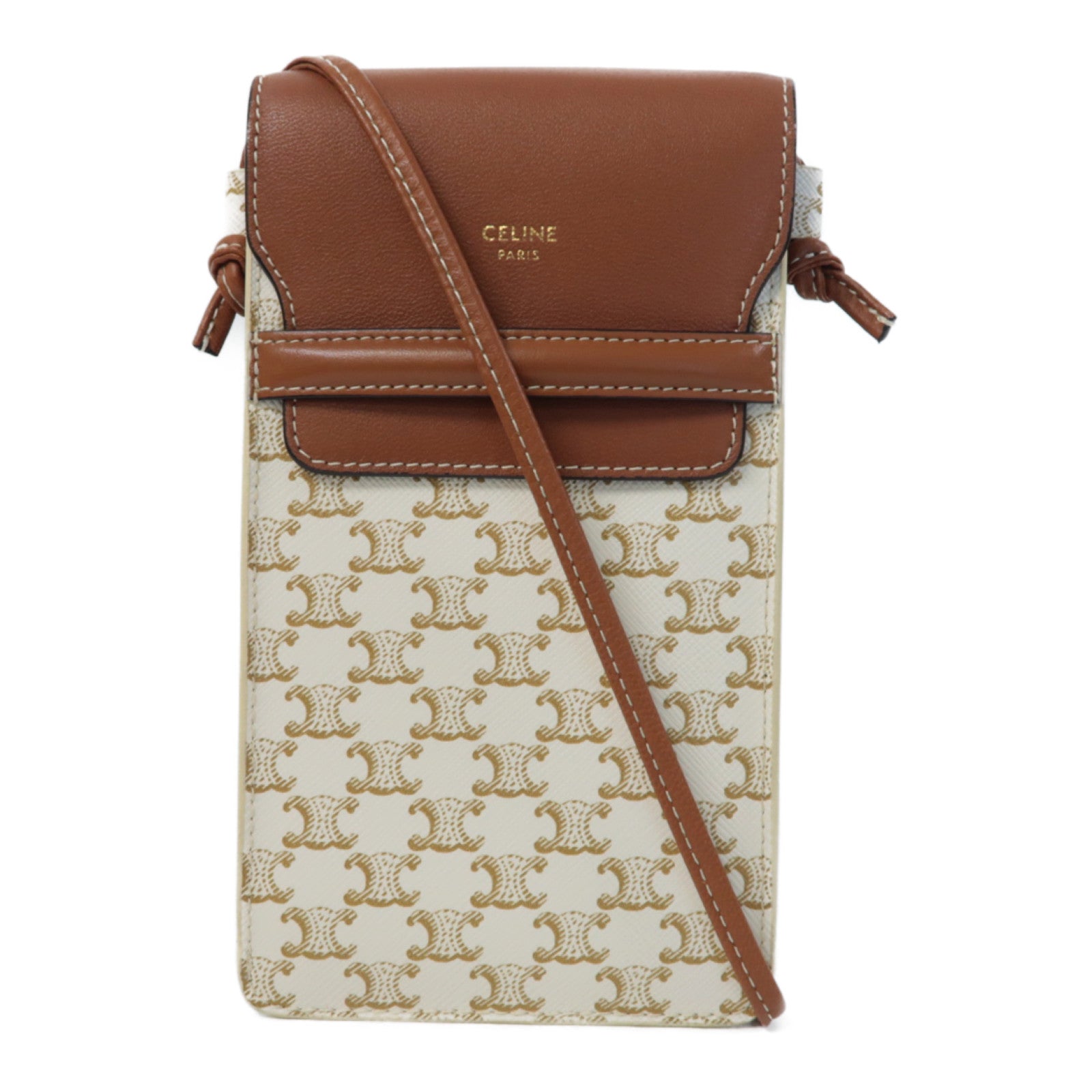 CELINE 塗層帆布/牛皮皮革Crossbody Bag肩背袋白色/啡色