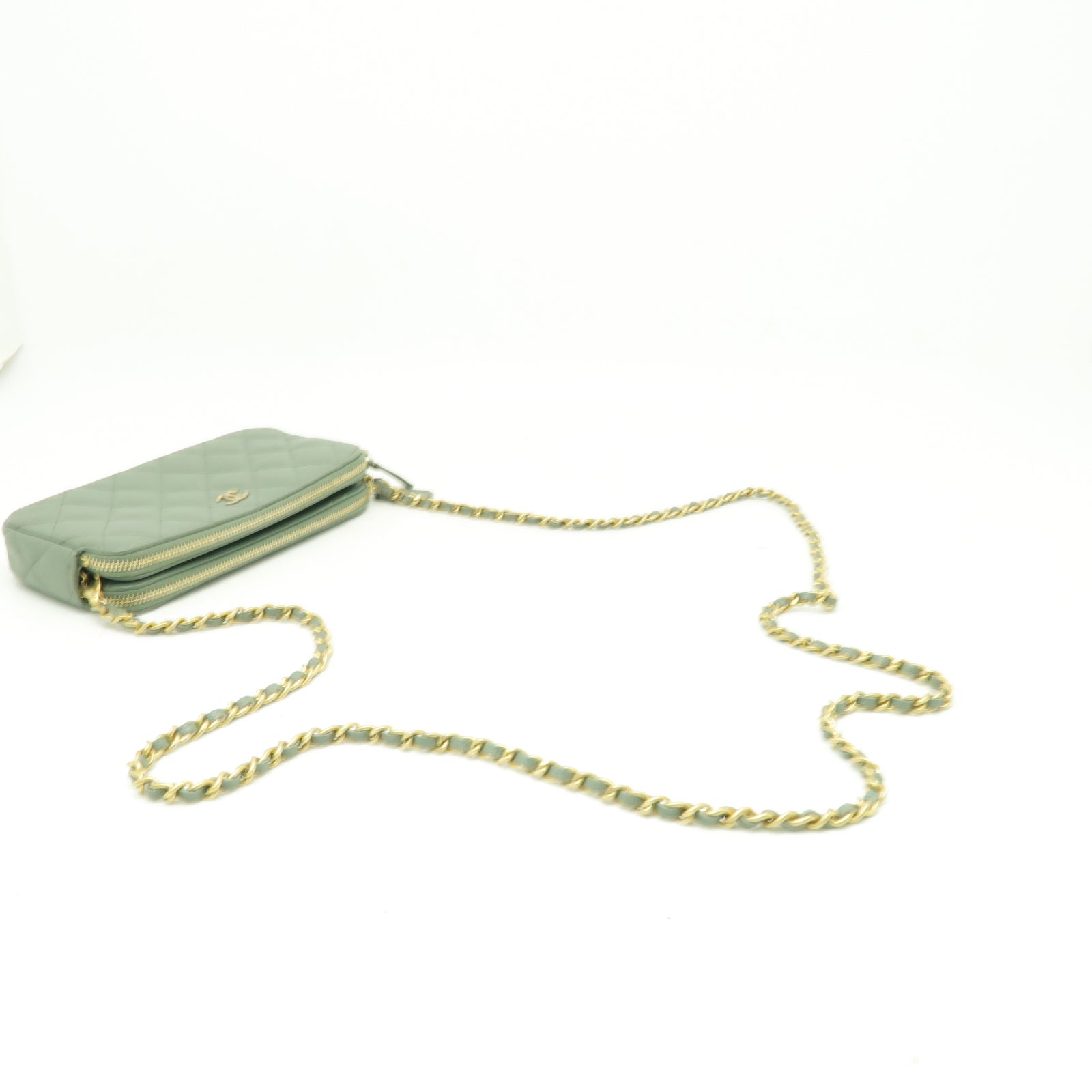 CHANEL 菱格Caviar皮革Chain Shoulder Bag金扣鏈帶肩背袋綠色