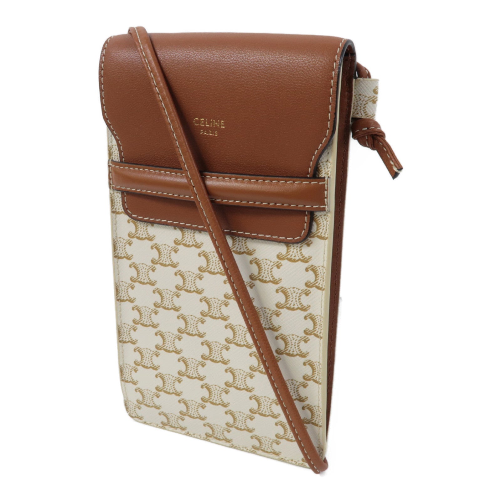 CELINE 塗層帆布/牛皮皮革Crossbody Bag肩背袋白色/啡色