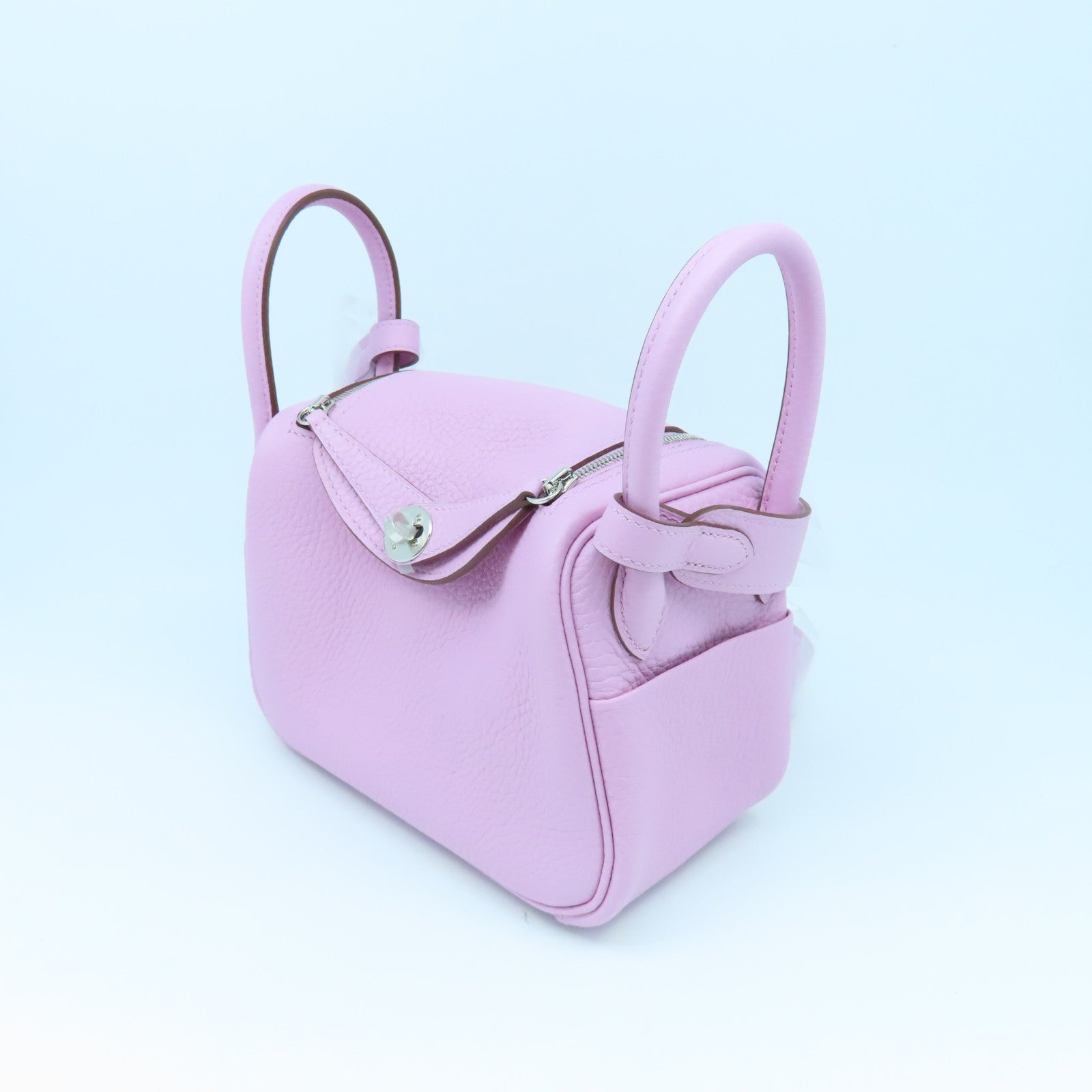 HERMES Clemence Leather Mini Lindy Silver Buckle Handle Shoulder Bag Purple