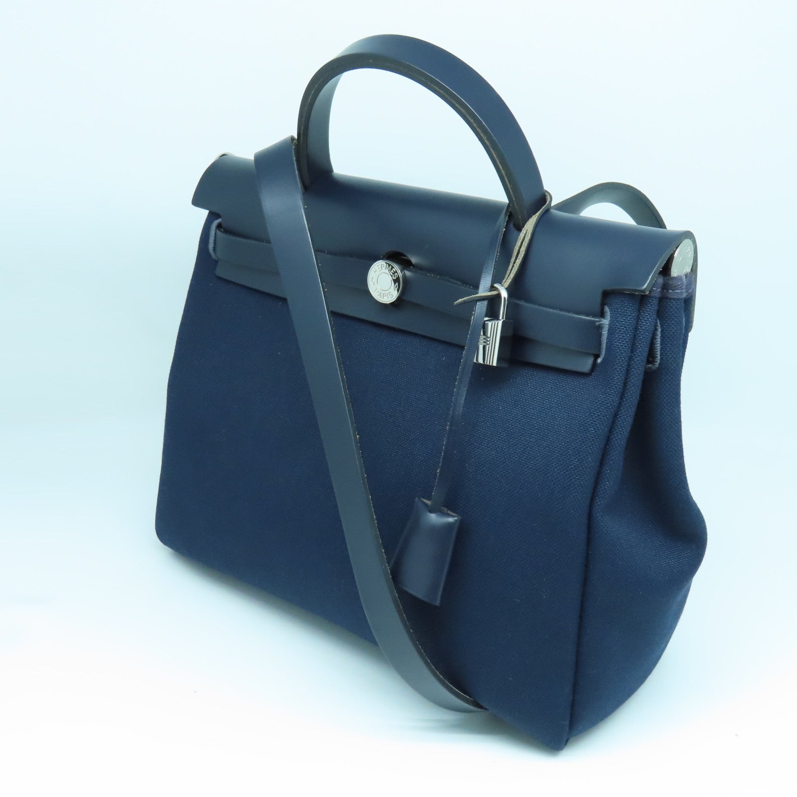 HERMES 帆布Herbag PM银扣手挽肩背两用袋深蓝色