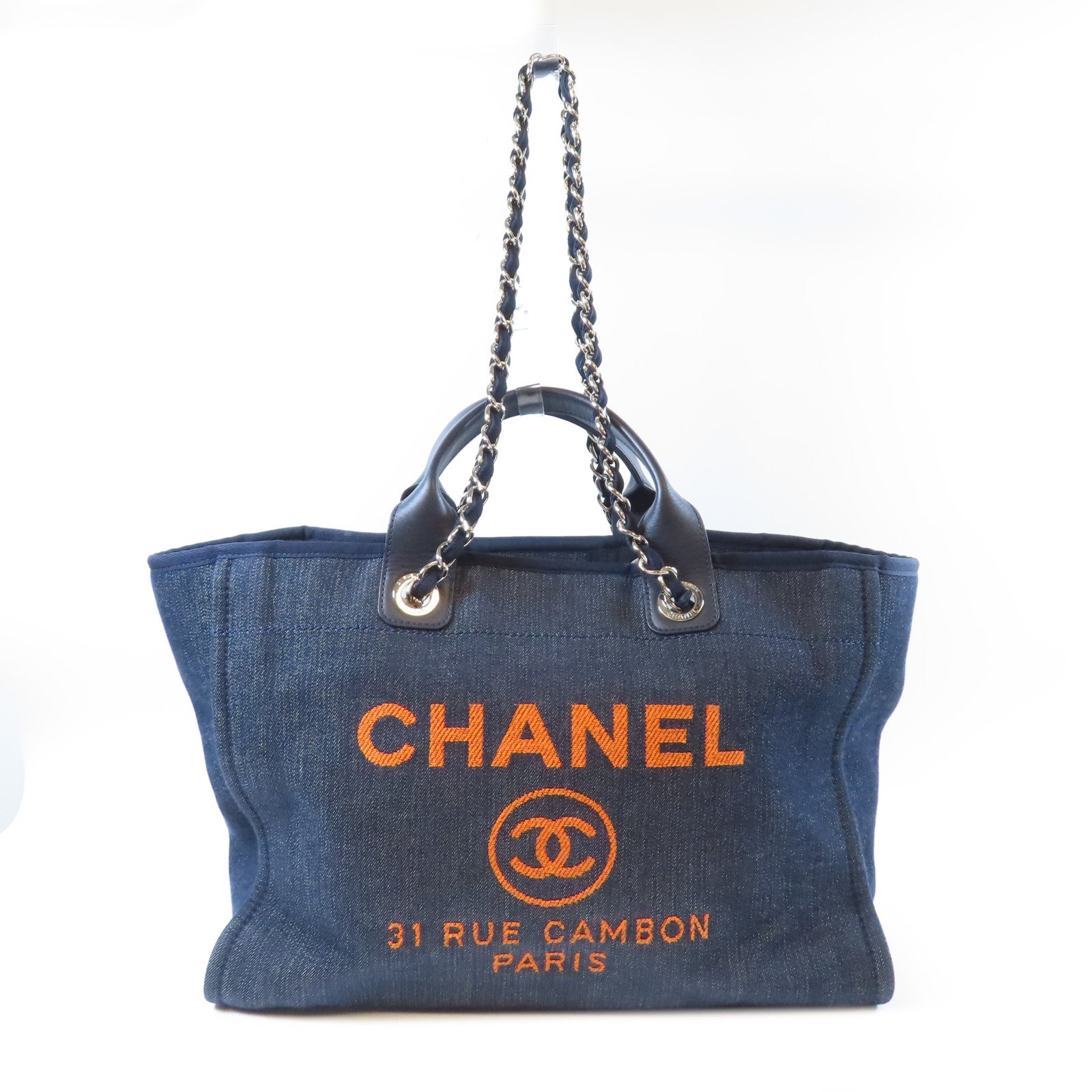 CHANEL 牛仔布Deauville Tote Bag銀扣手挽肩背兩用袋藍色/橙色