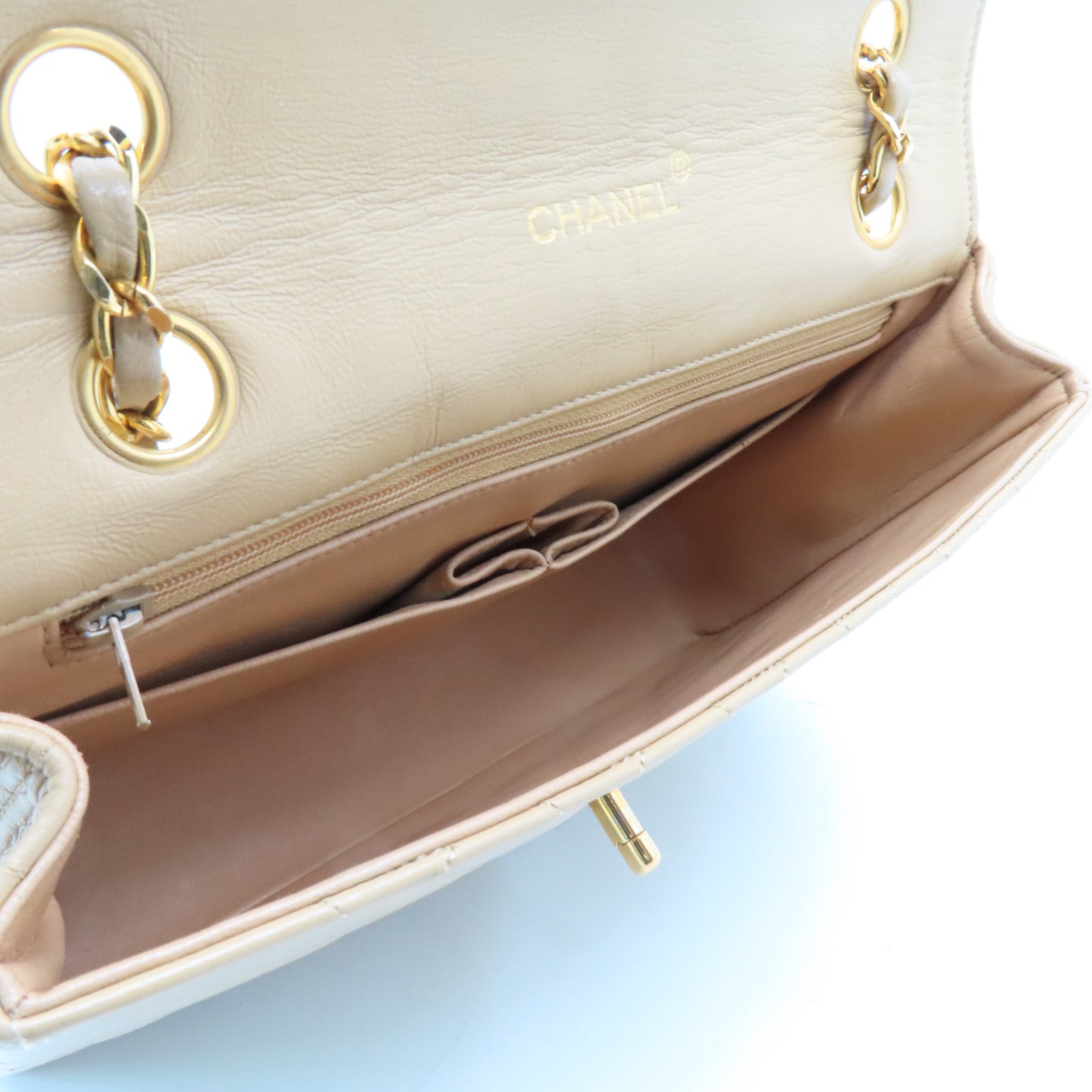 CHANEL Diamond Sheepskin Leather Chain Shoulder Bag Gold Buckle Chain Belt Shoulder Bag Beige