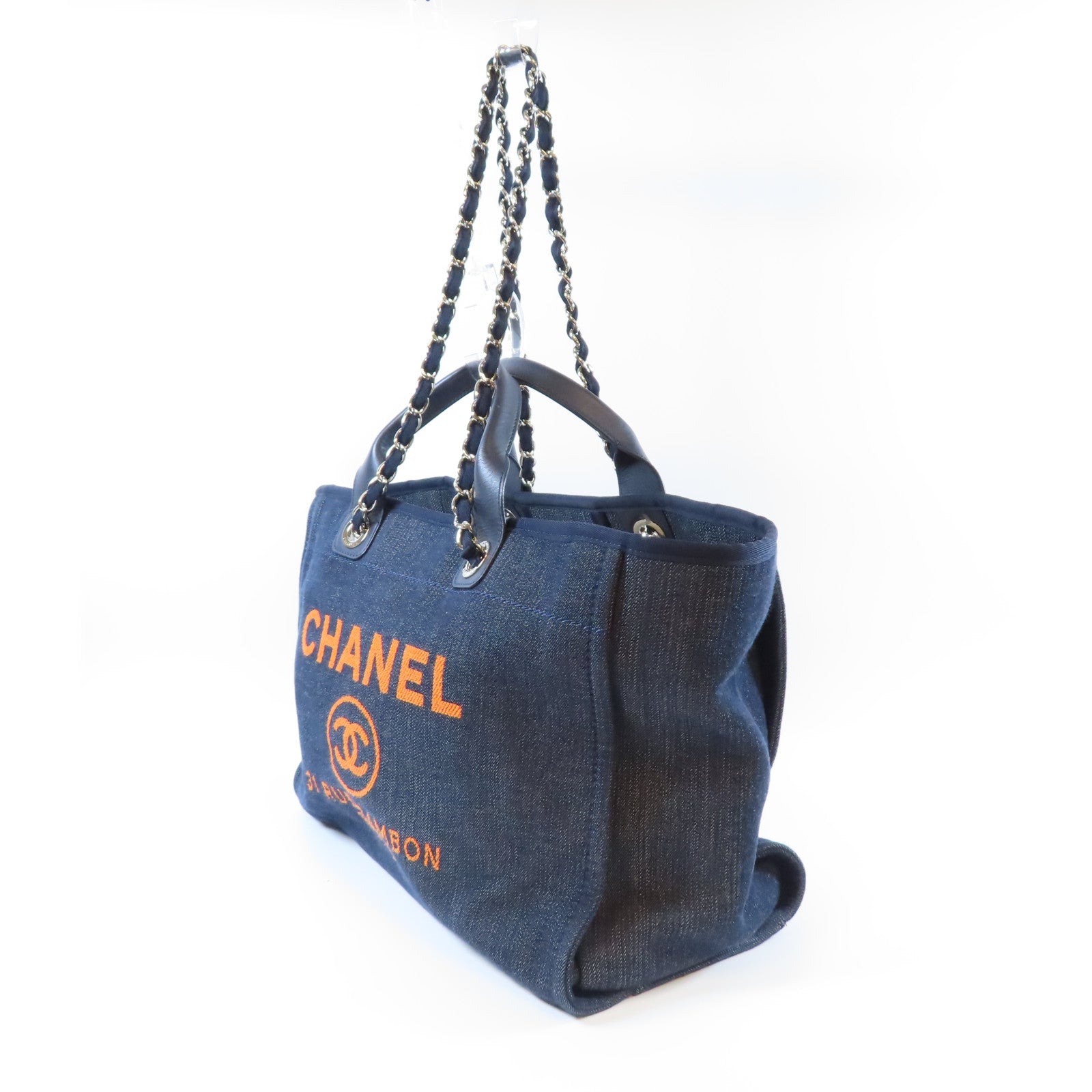 CHANEL 牛仔布Deauville Tote Bag銀扣手挽肩背兩用袋藍色/橙色