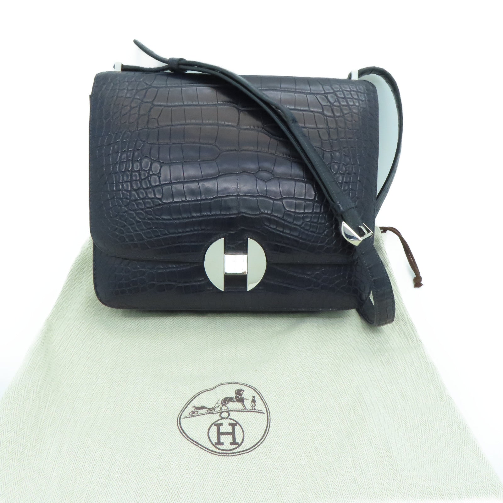 HERMES 【激减优惠】Matte Alligator皮革2002 Shoulder Bag银扣肩背袋Blue Nuit/深蓝色