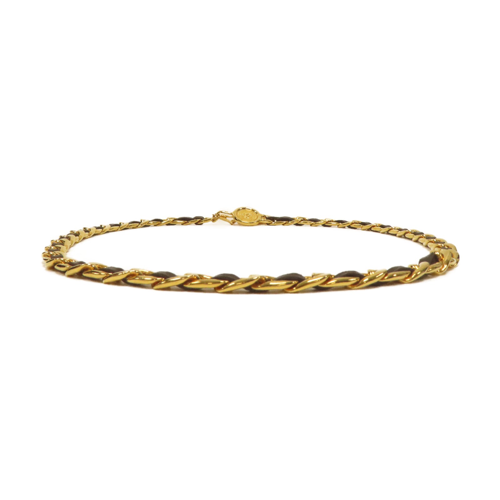 CHANEL 金屬Vintage Chain Belt金扣皮帶金色/黑色