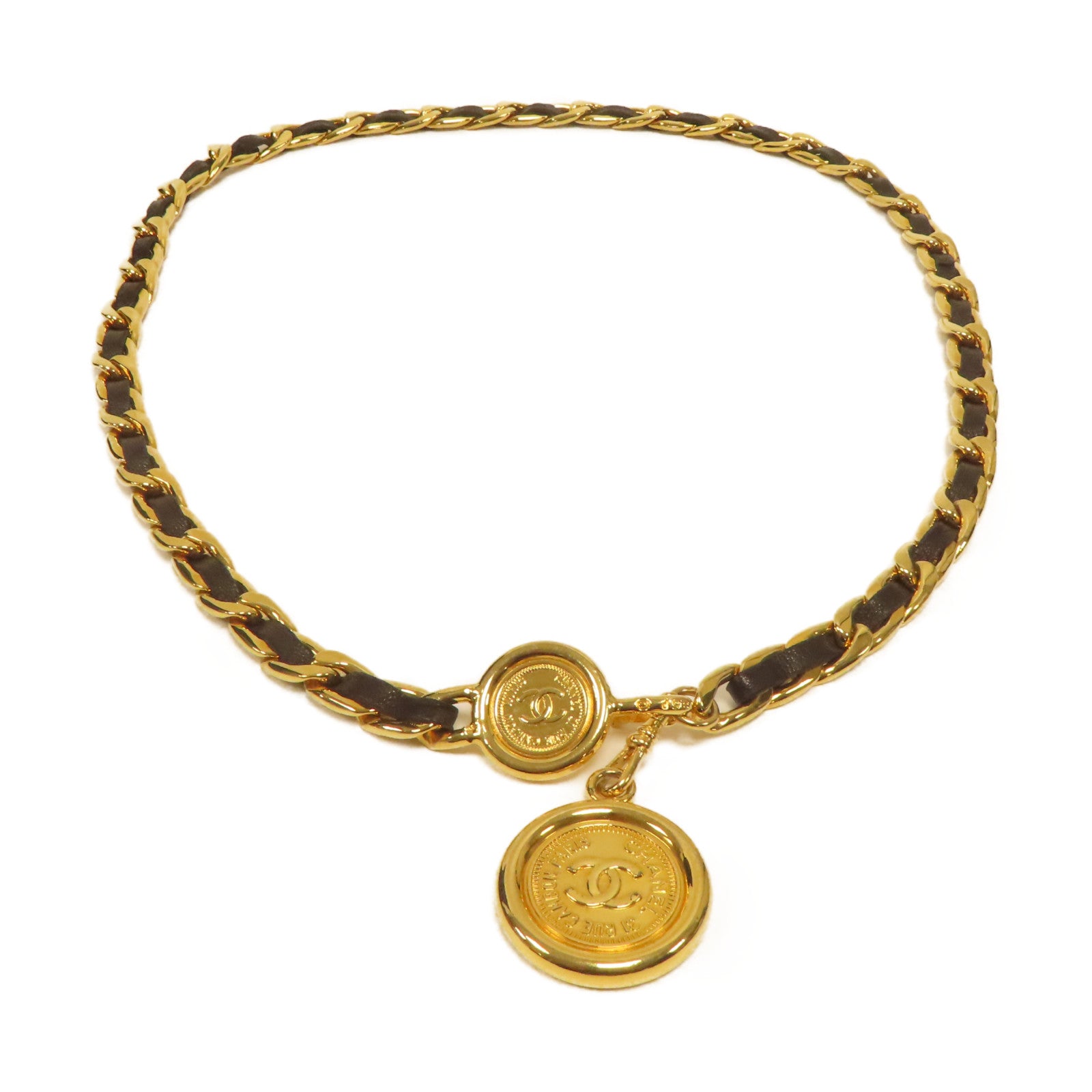 CHANEL 金屬Vintage Chain Belt金扣皮帶金色/黑色