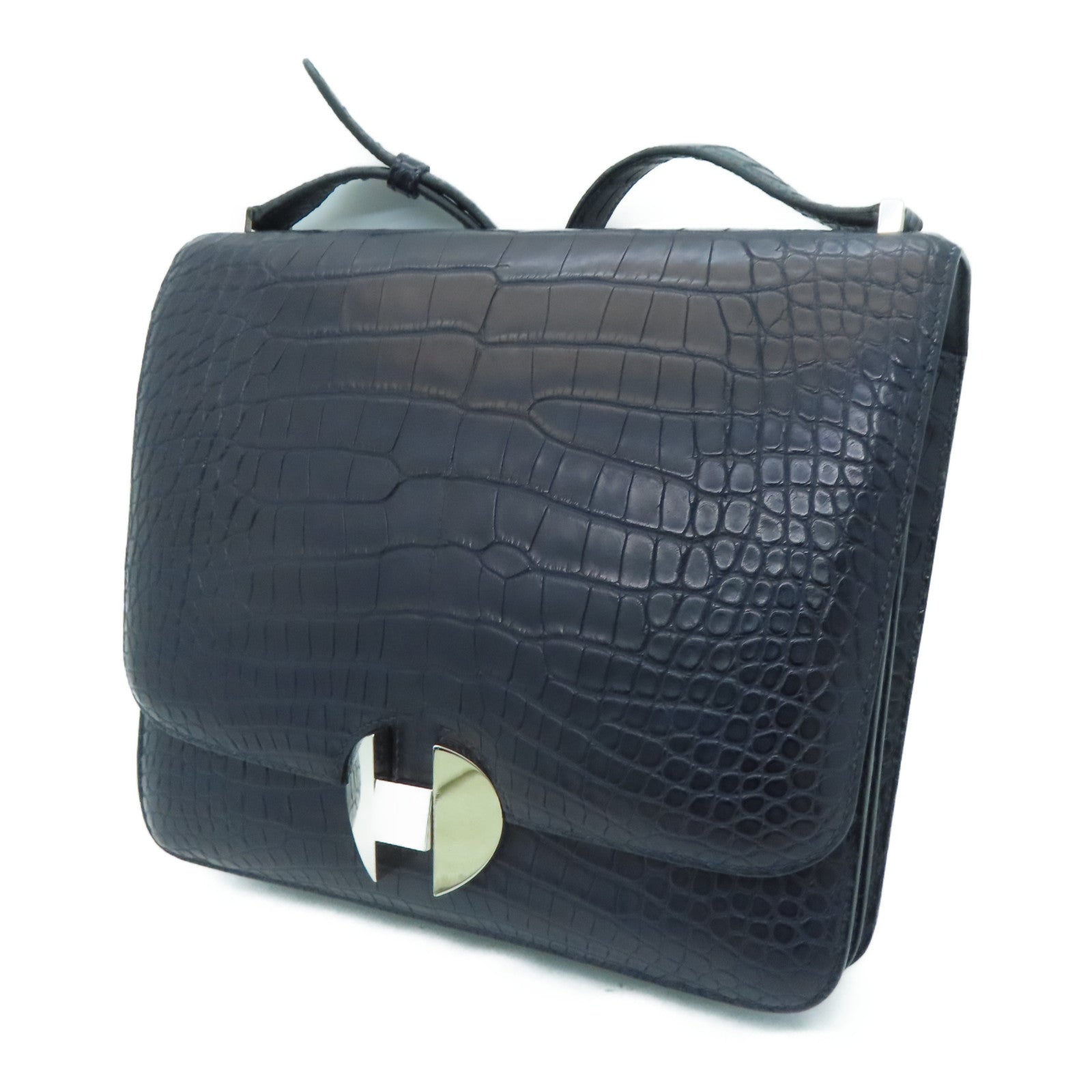 HERMES 【激减优惠】Matte Alligator皮革2002 Shoulder Bag银扣肩背袋Blue Nuit/深蓝色