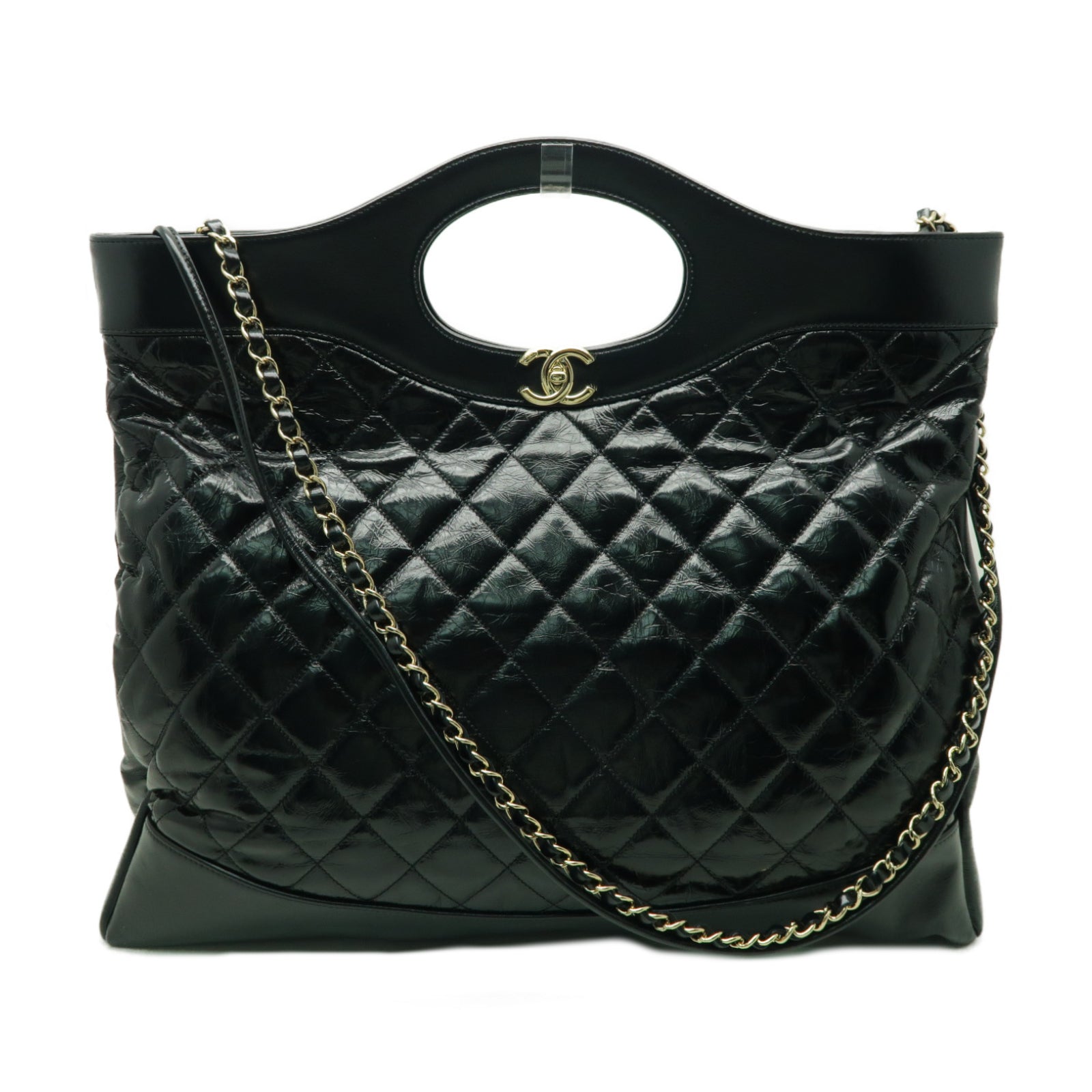 CHANEL 菱格Aged Calf皮革Shoulder Bag金扣手挽肩背兩用袋黒色