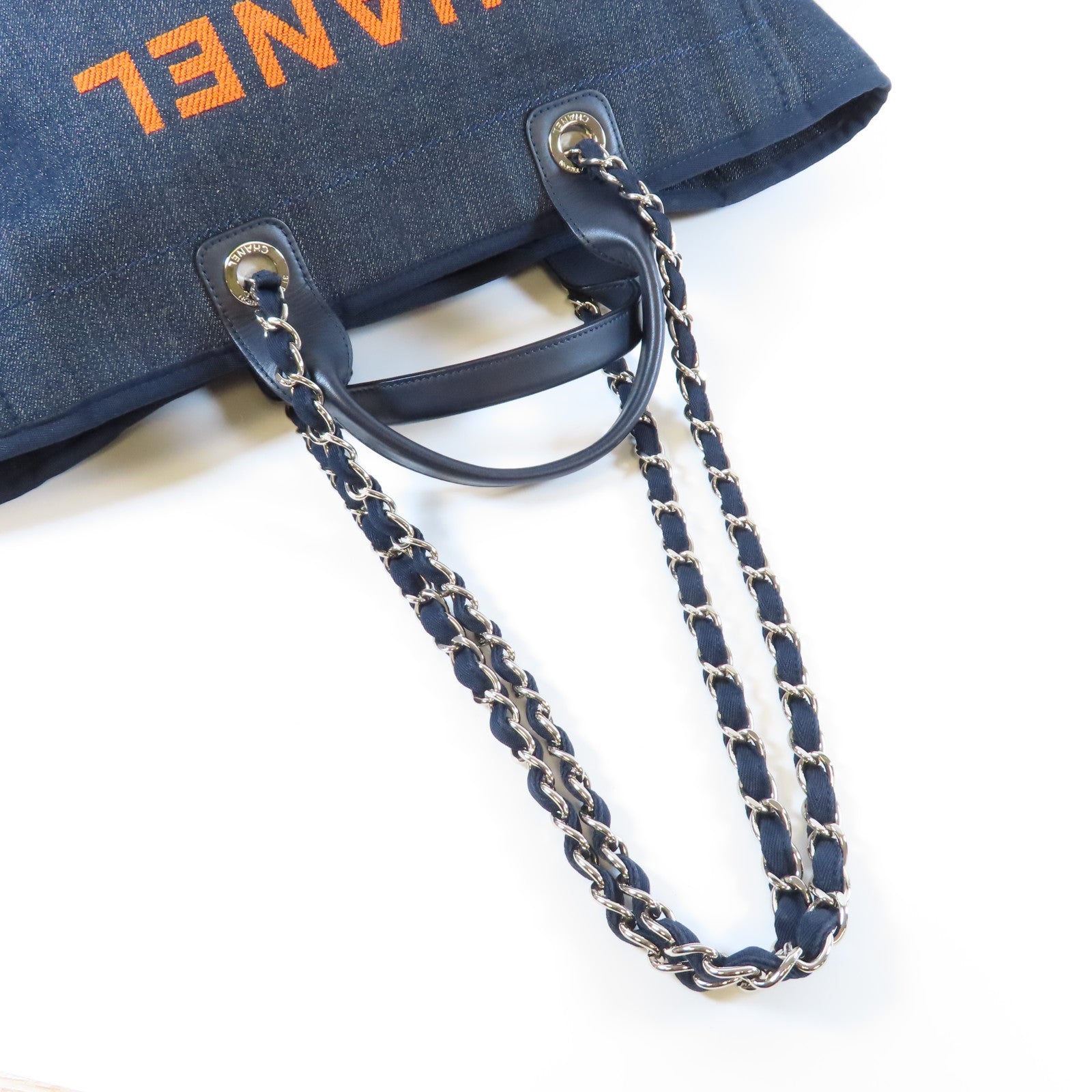 CHANEL 牛仔布Deauville Tote Bag銀扣手挽肩背兩用袋藍色/橙色