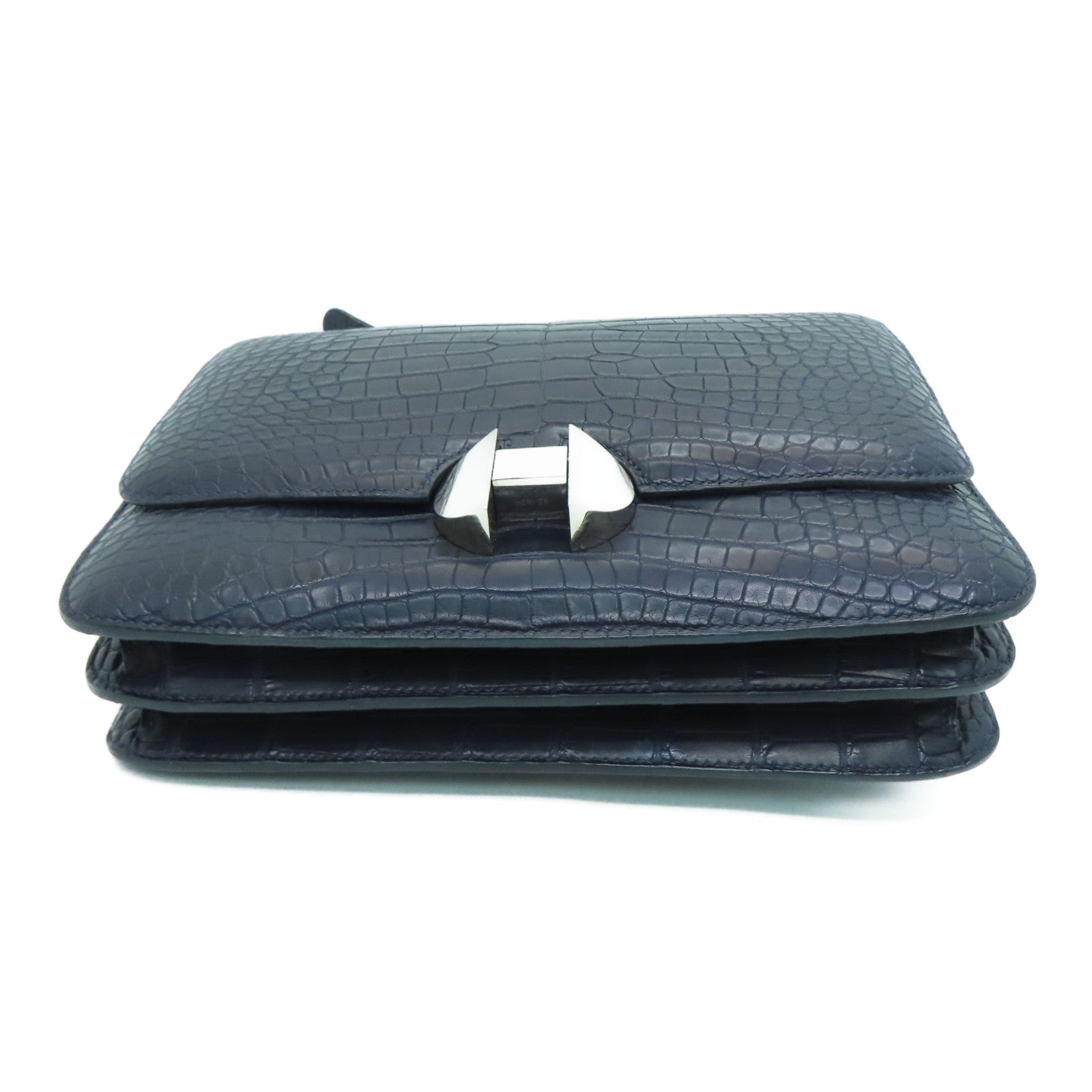 HERMES 【激减优惠】Matte Alligator皮革2002 Shoulder Bag银扣肩背袋Blue Nuit/深蓝色