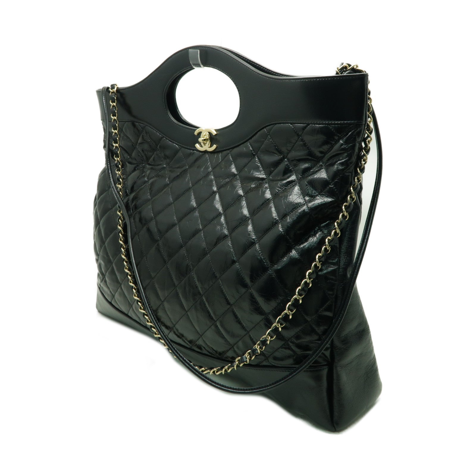CHANEL 菱格Aged Calf皮革Shoulder Bag金扣手挽肩背兩用袋黒色