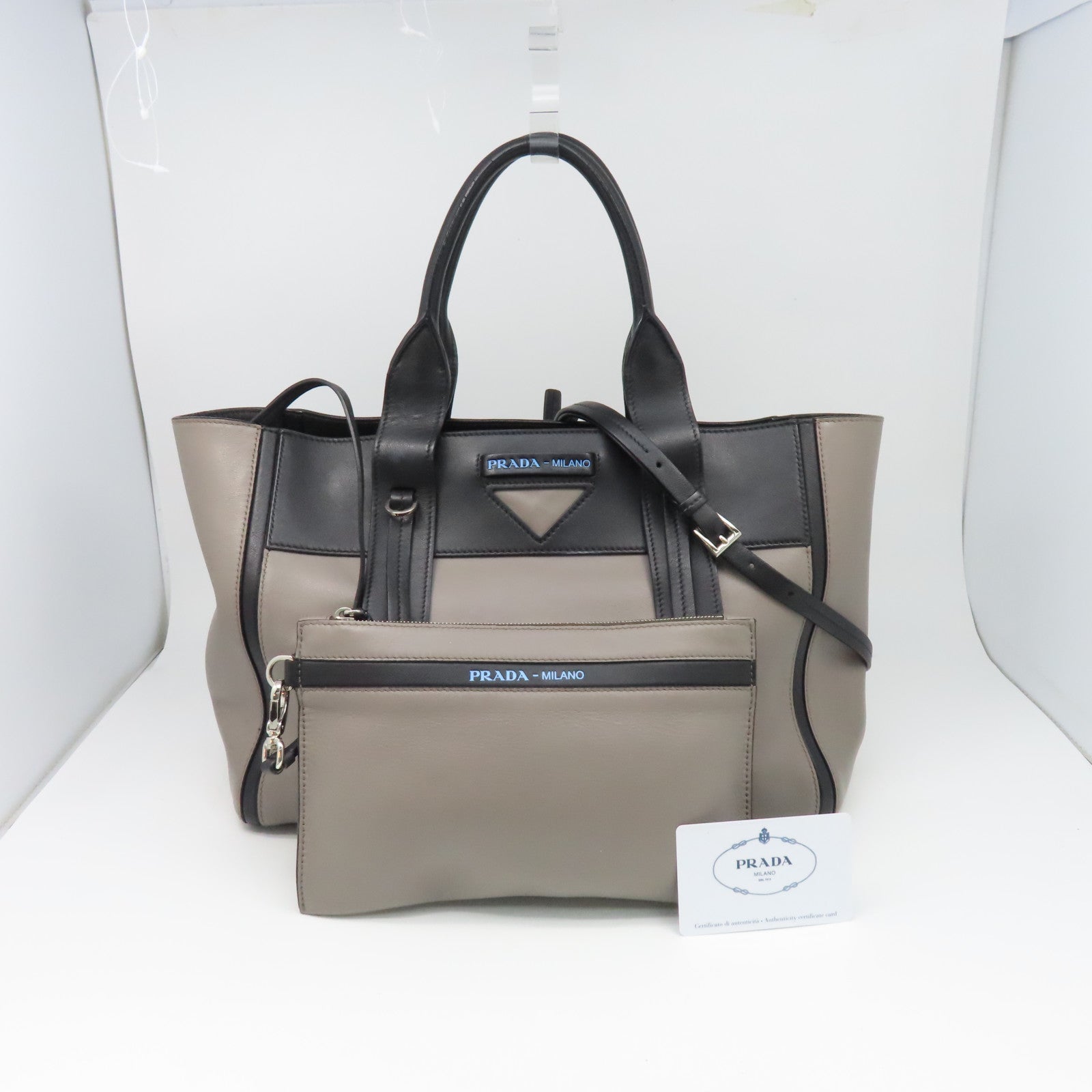 PRADA cowhide leather 2Way Bag silver buckle handle shoulder bag gray