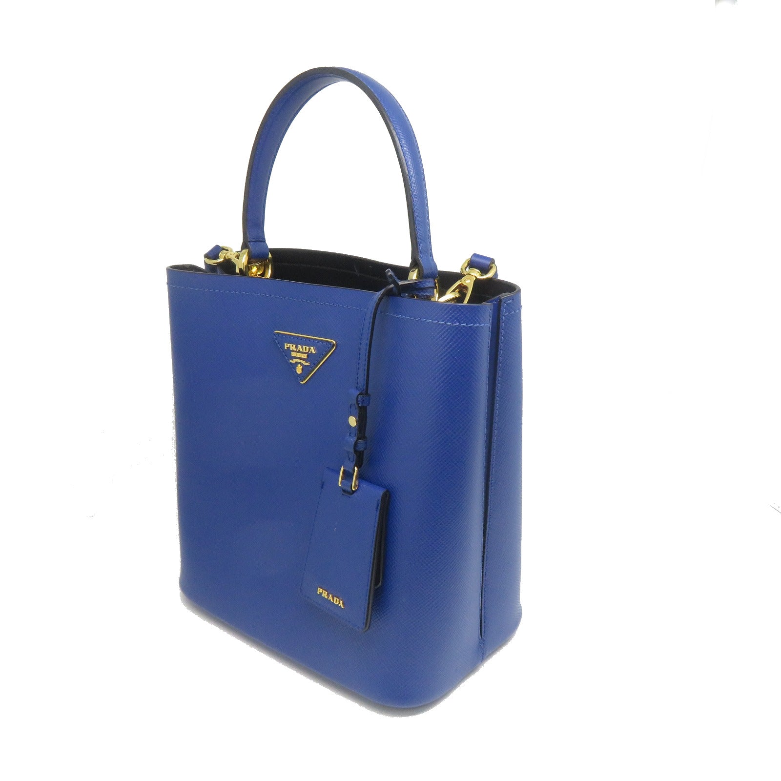 PRADA Saffiano皮革Panier Bag金扣手挽肩背兩用袋藍色