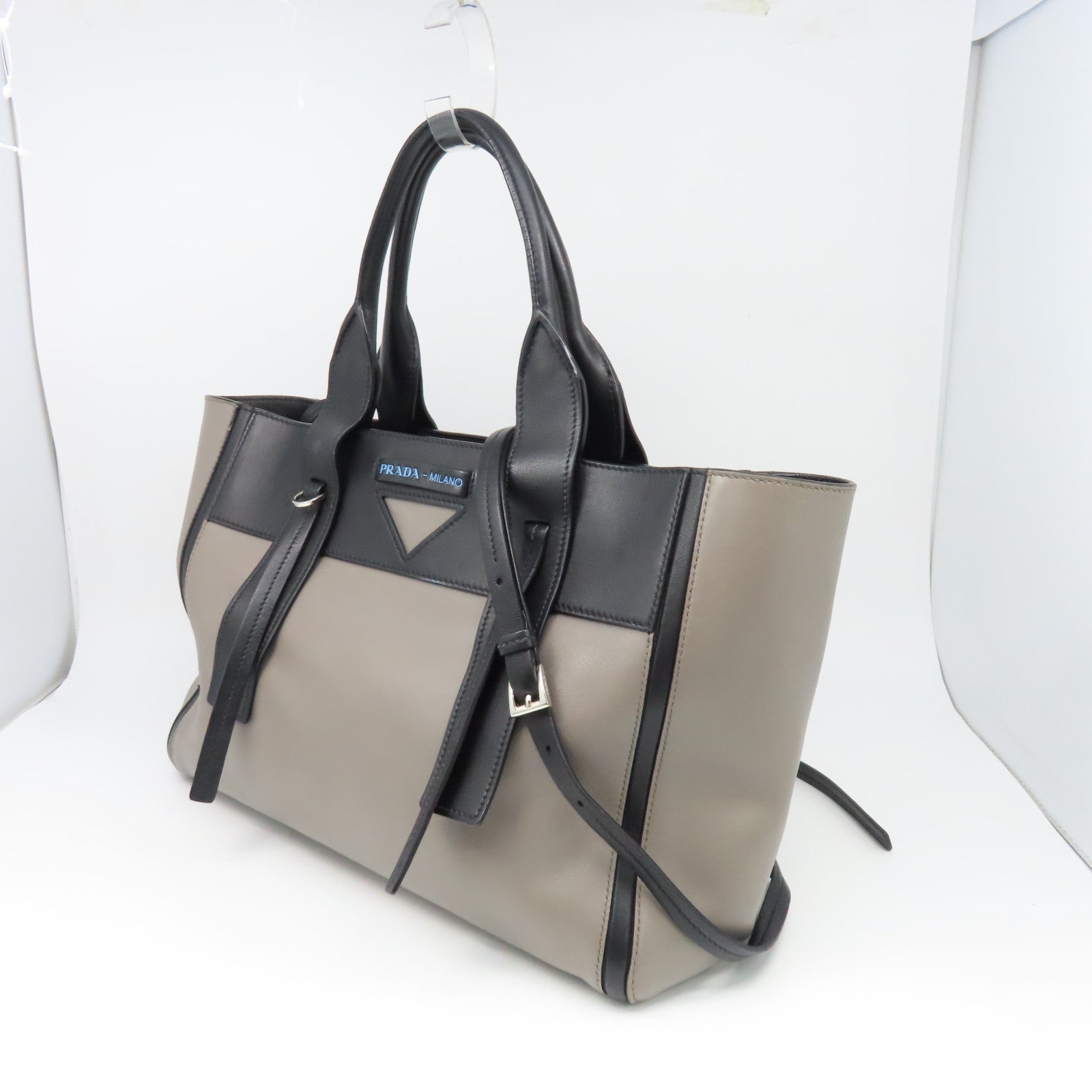 PRADA cowhide leather 2Way Bag silver buckle handle shoulder bag gray