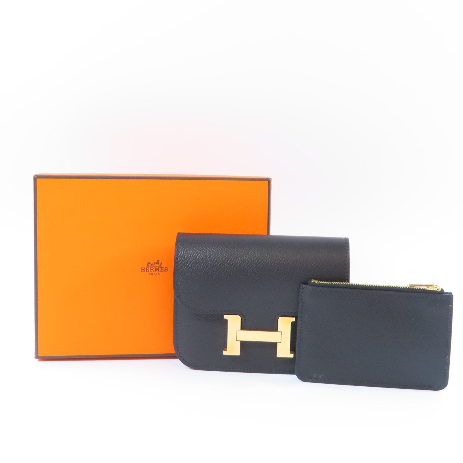 HERMES Epsom皮革Constance Slim金扣錢包Noir黑色